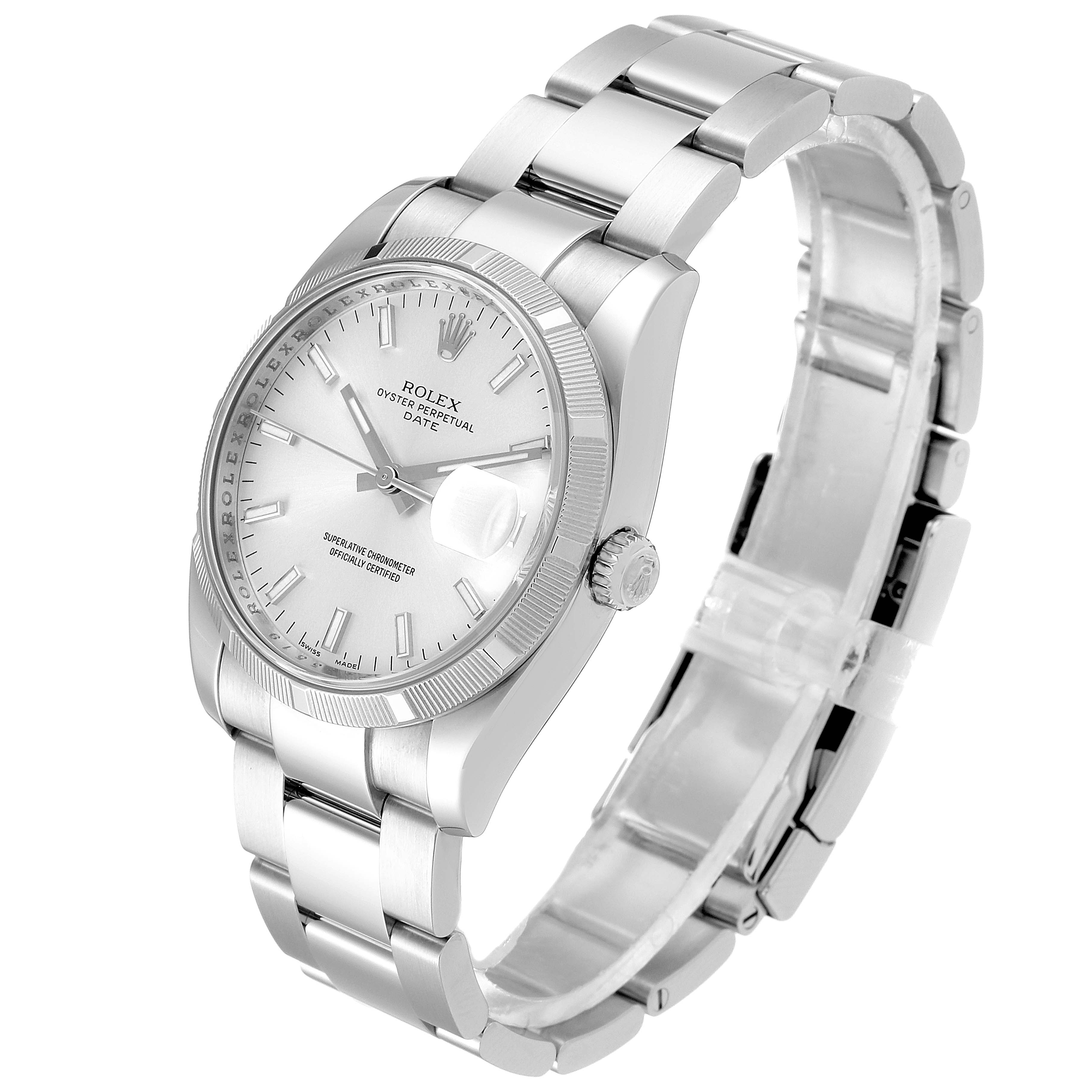 This image shows a Rolex Date 115210 Men's Stainless Steel Silver Dial 115210 Men's Stainless Steel Silver Dial model watch angled from the front-left side, highlighting the face, bezel, crown, and bracelet.