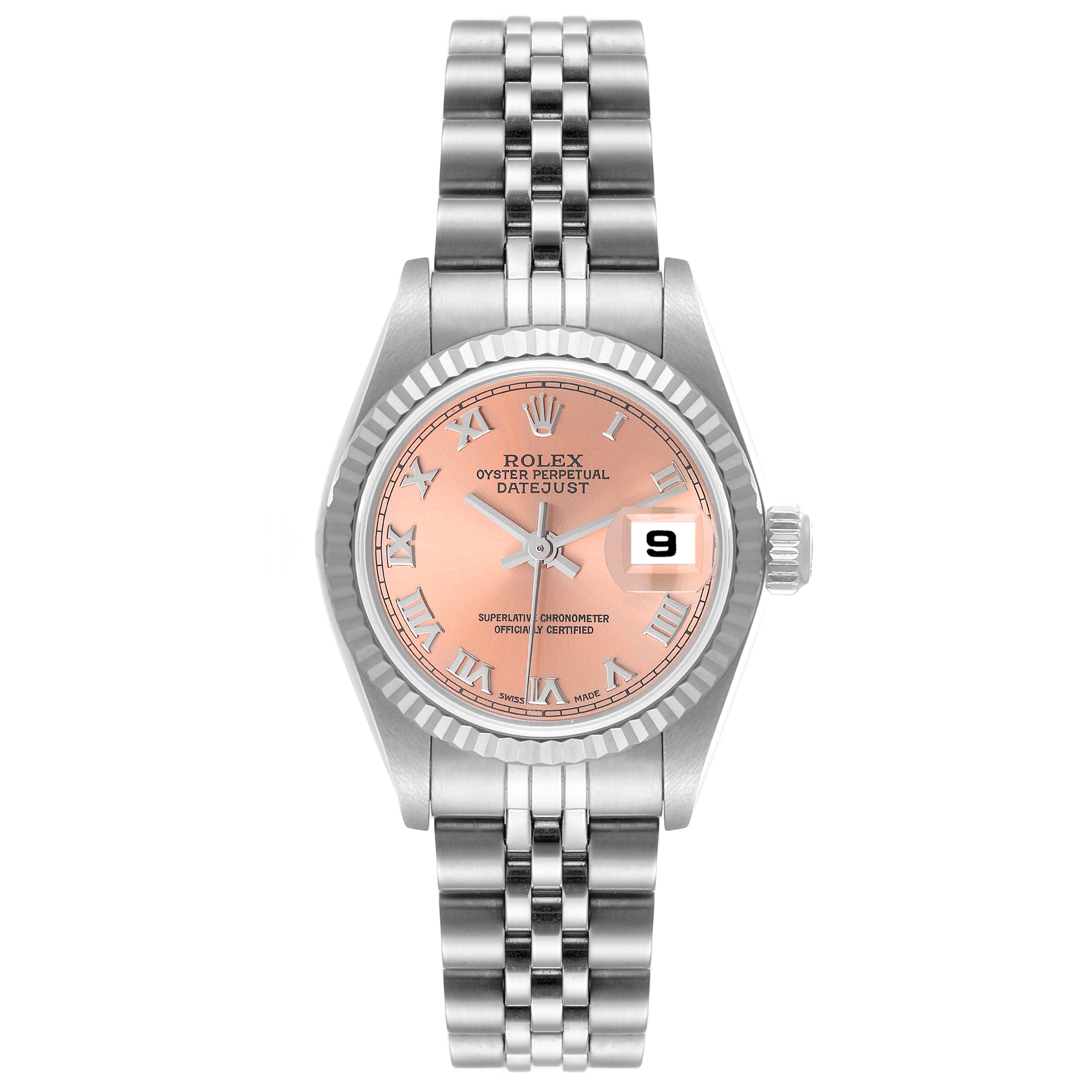 The Rolex Datejust 79174 Women's Stainless Steel Pink Dial 79174 Women's Stainless Steel Pink Dial watch is shown from a top-down angle, highlighting its dial, bracelet, and case.