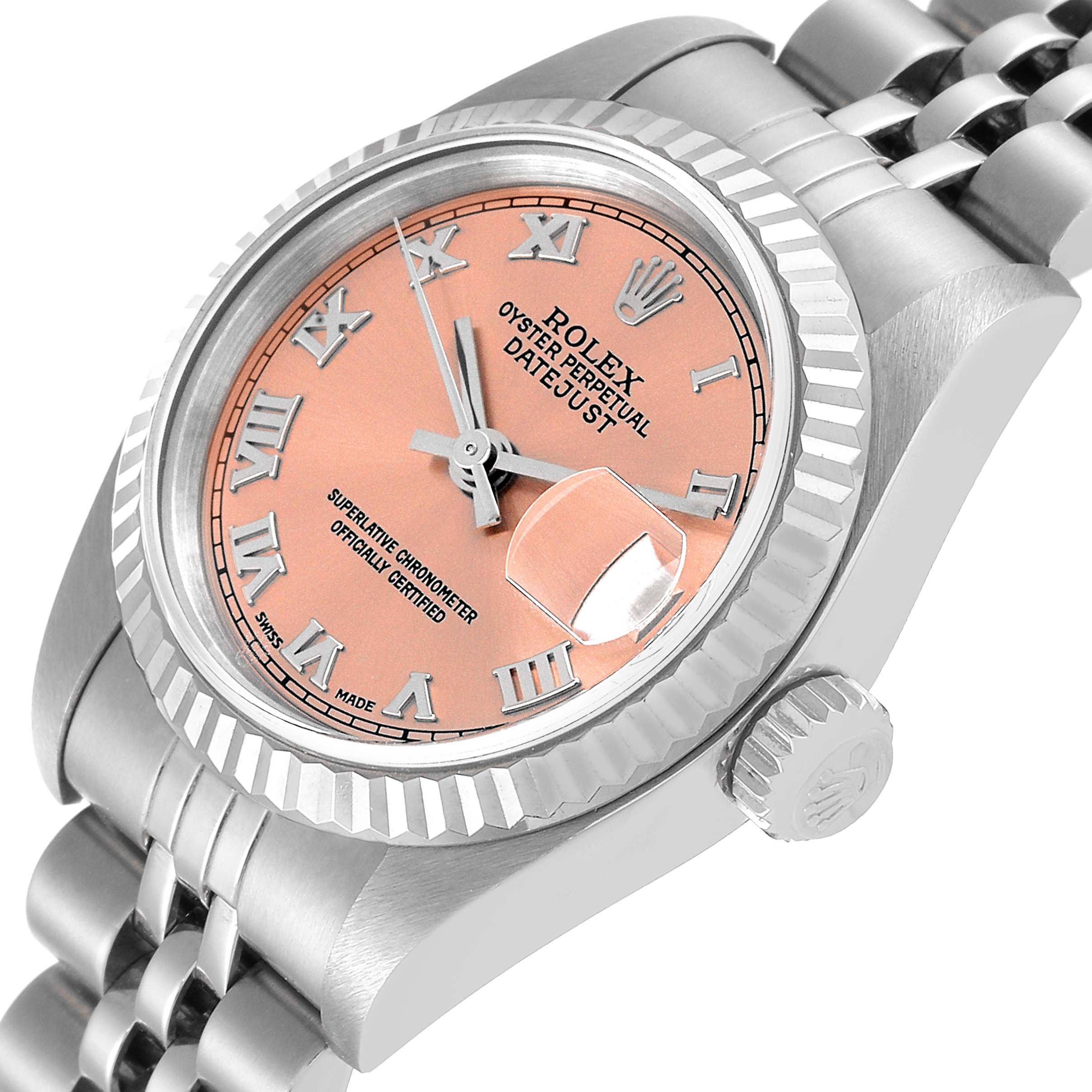 The image shows a Rolex Datejust 79174 Women's Stainless Steel Pink Dial 79174 Women's Stainless Steel Pink Dial watch at an angled view, highlighting the face, bezel, crown, and part of the bracelet.