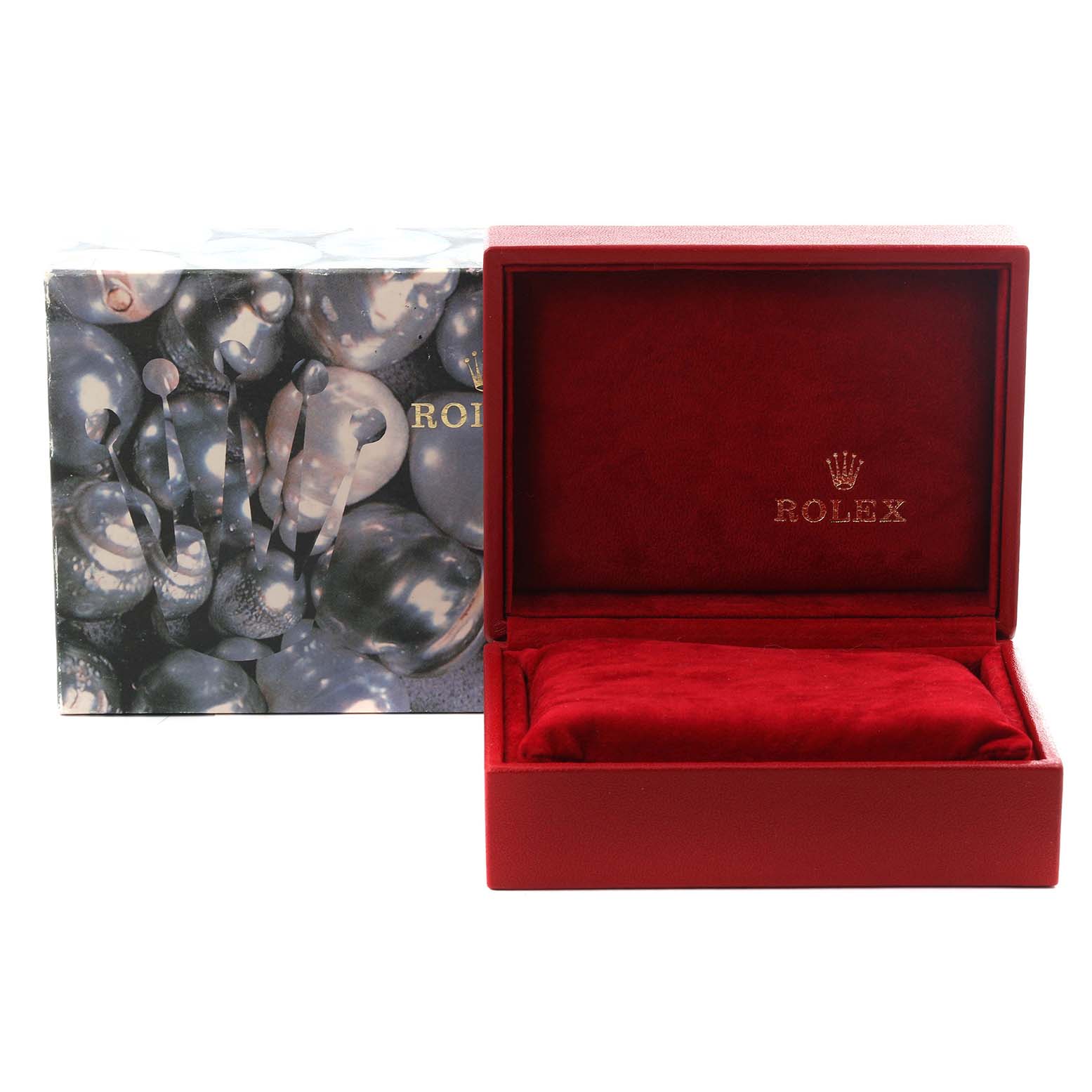 The image shows a Rolex Datejust 79174 Women's Stainless Steel White Dial 79174 Women's Stainless Steel White Dial watch box, opened, with a red velvet interior and an outer decorative box.