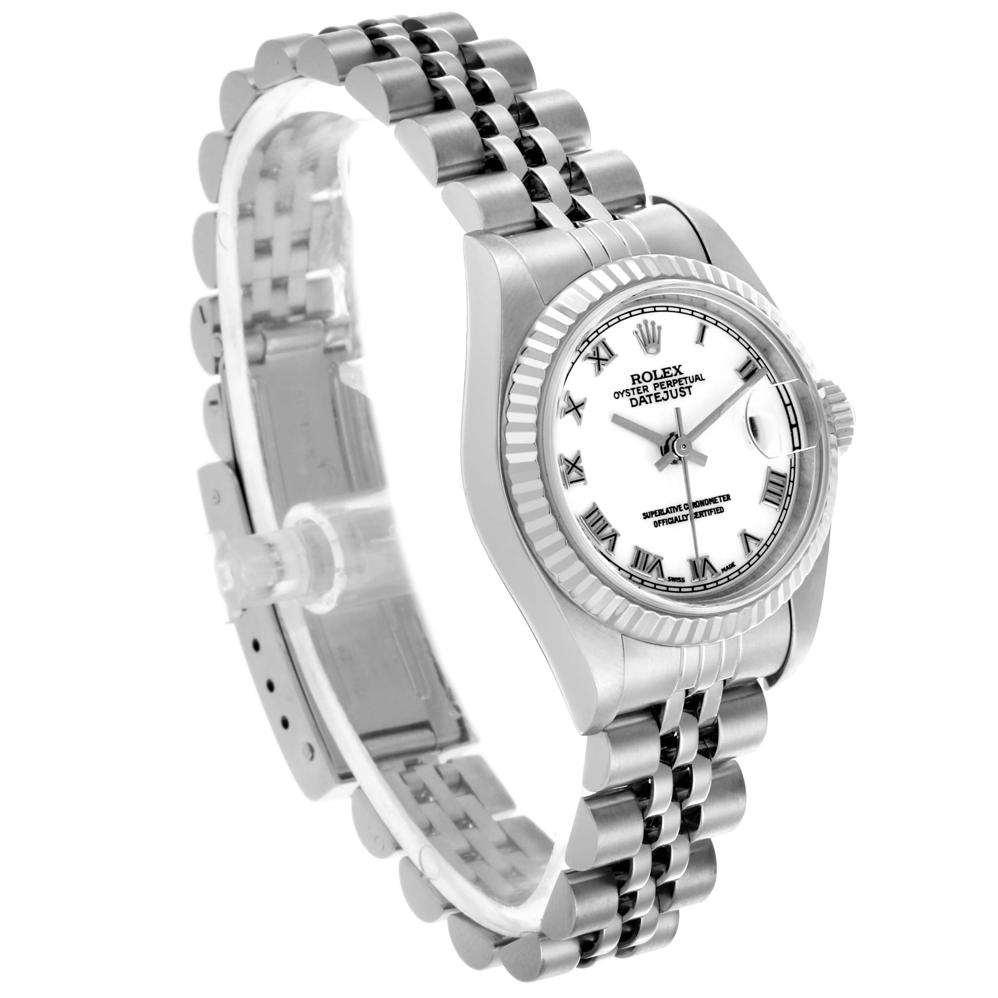 The Rolex Datejust 79174 Women's Stainless Steel White Dial 79174 Women's Stainless Steel White Dial watch is shown at a three-quarter angle, displaying the face, bezel, and part of the bracelet.