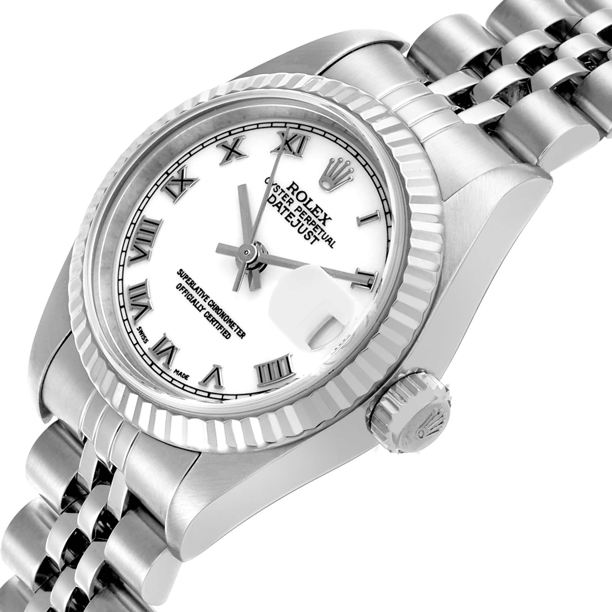 The Rolex Datejust 79174 Women's Stainless Steel White Dial 79174 Women's Stainless Steel White Dial watch is shown at an angle highlighting the face, bezel, crown, and part of the bracelet.