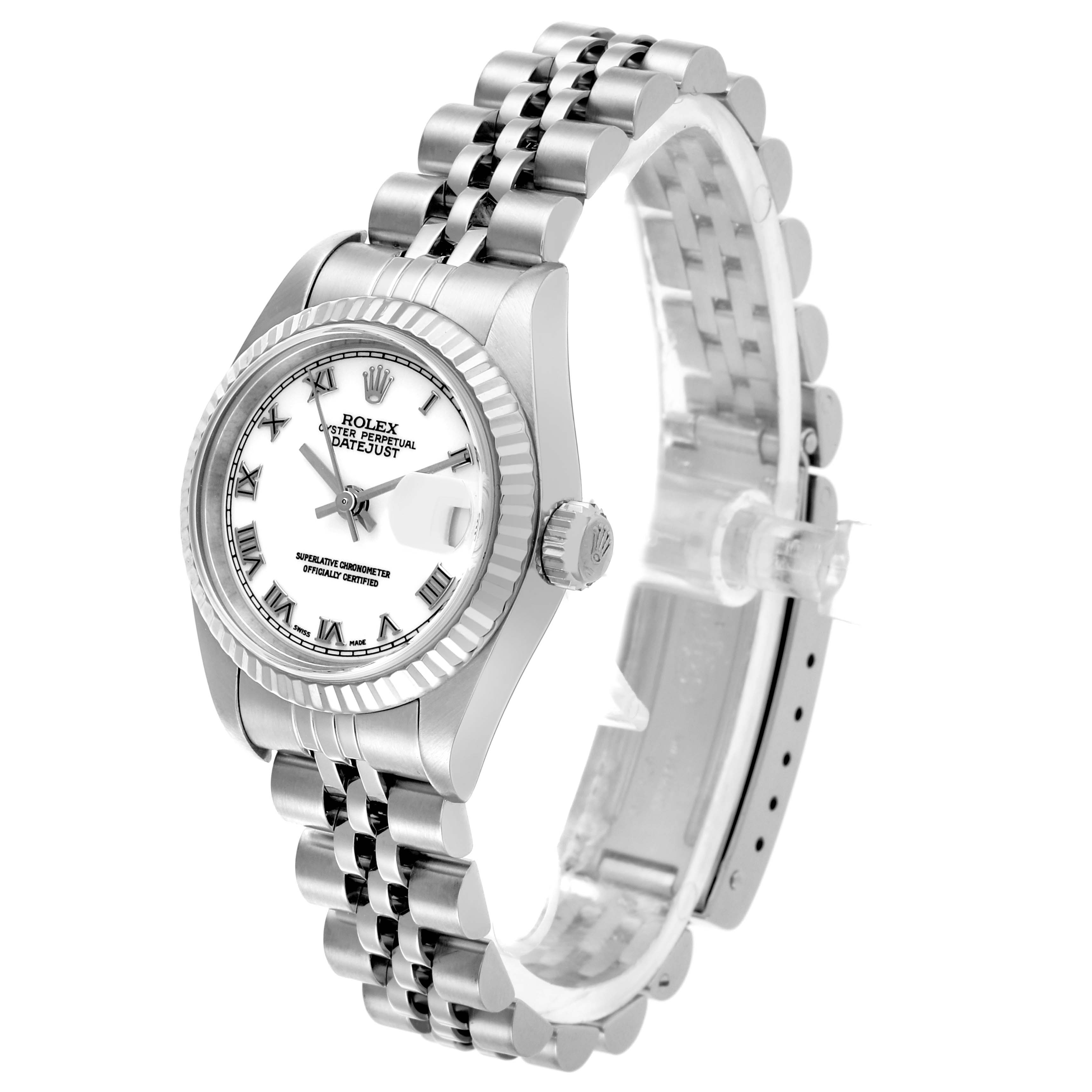 The Rolex Datejust 79174 Women's Stainless Steel White Dial 79174 Women's Stainless Steel White Dial watch is shown at a front angle, highlighting the face, bezel, crown, and metal bracelet.