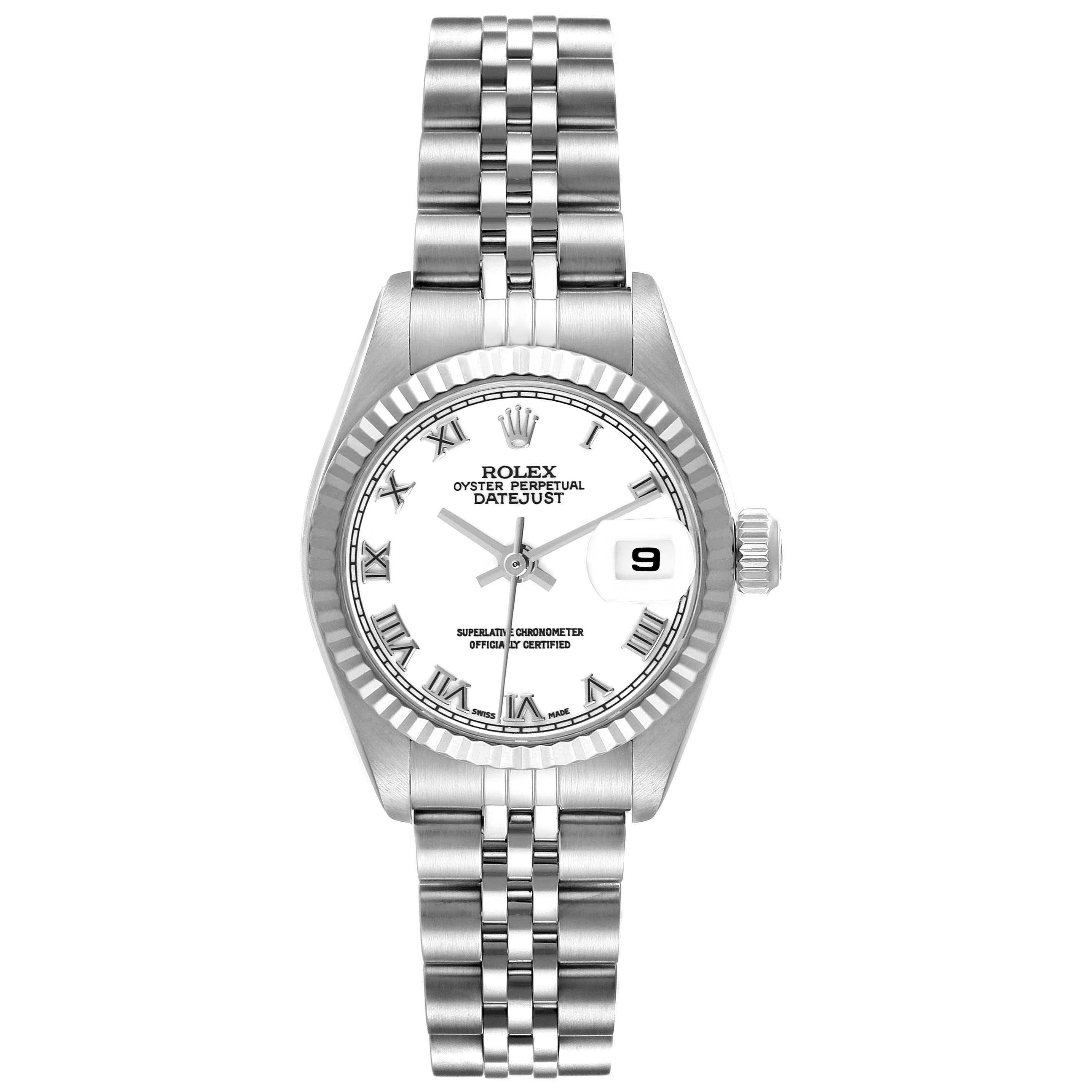 The Rolex Datejust 79174 Women's Stainless Steel White Dial 79174 Women's Stainless Steel White Dial watch is shown from a front angle, displaying its dial, bezel, bracelet, and crown.