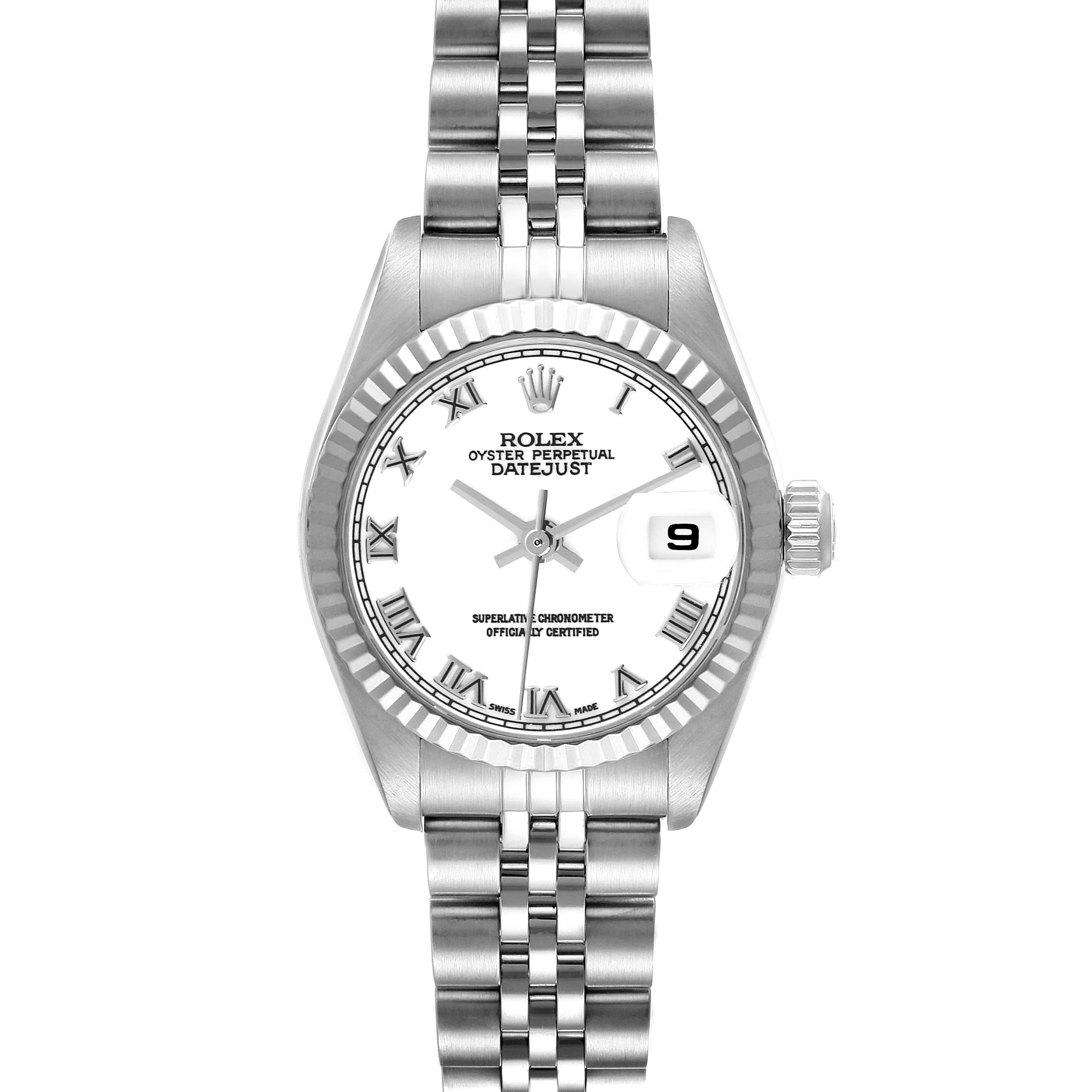 The Rolex Datejust 79174 Women's Stainless Steel White Dial 79174 Women's Stainless Steel White Dial watch is shown from a front angle, displaying the face, bezel, bracelet, and crown.