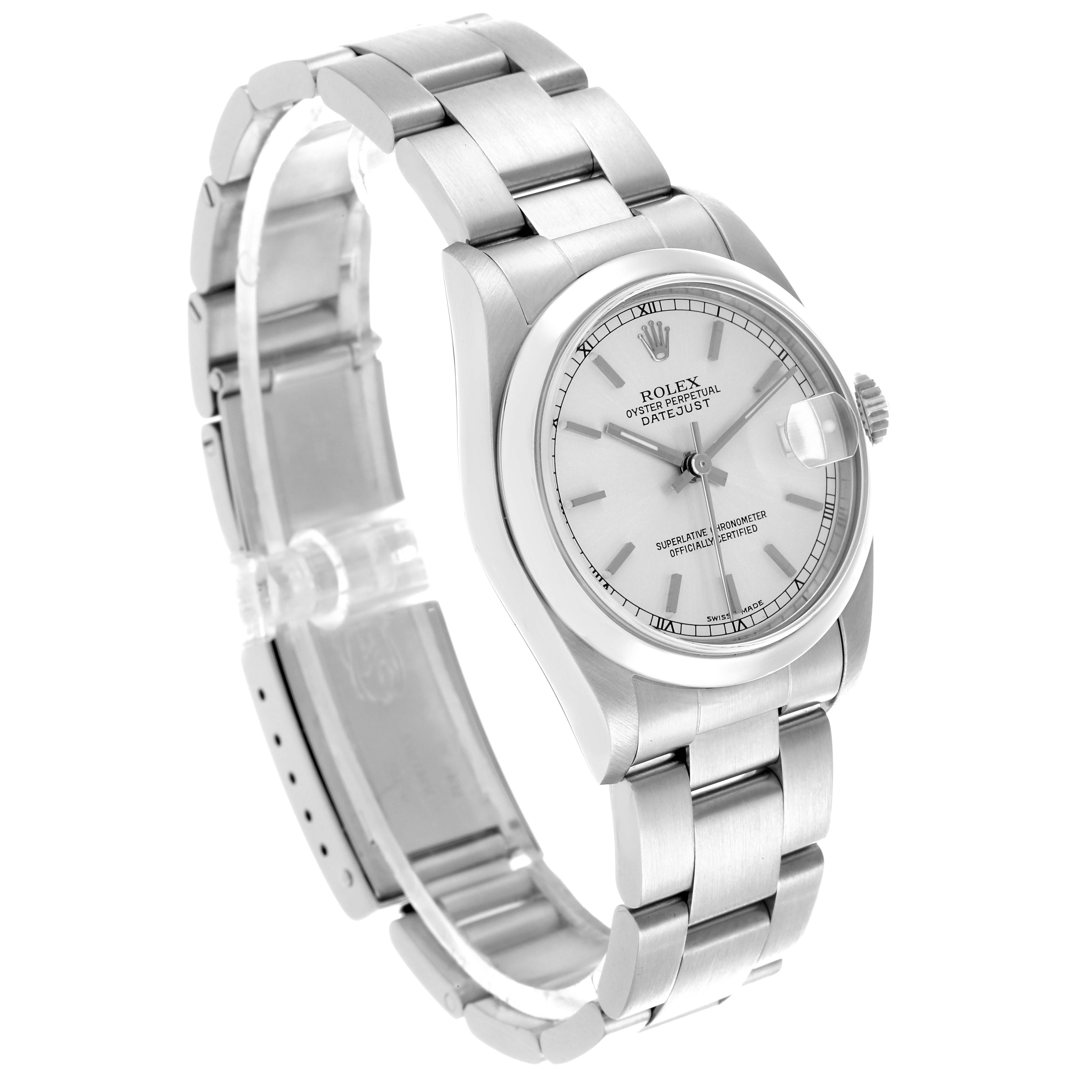 The Rolex Mid-Size 78240 Women's Stainless Steel Silver Dial 78240 Women's Stainless Steel Silver Dial watch is shown at a three-quarter angle, displaying the face, bezel, and part of the bracelet.