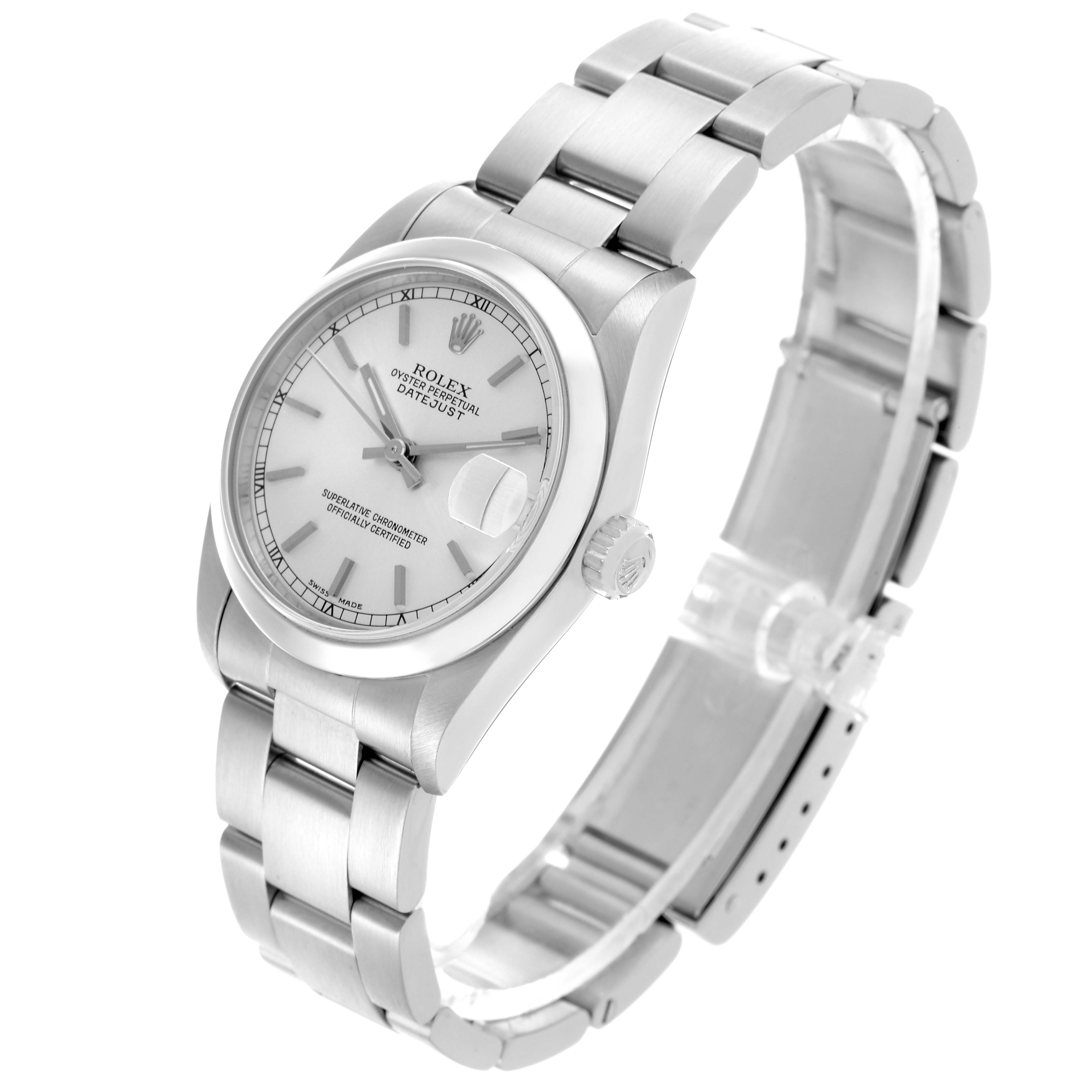 The Rolex Mid-Size 78240 Women's Stainless Steel Silver Dial 78240 Women's Stainless Steel Silver Dial watch is shown at an angled top view, displaying the dial, crown, and bracelet.