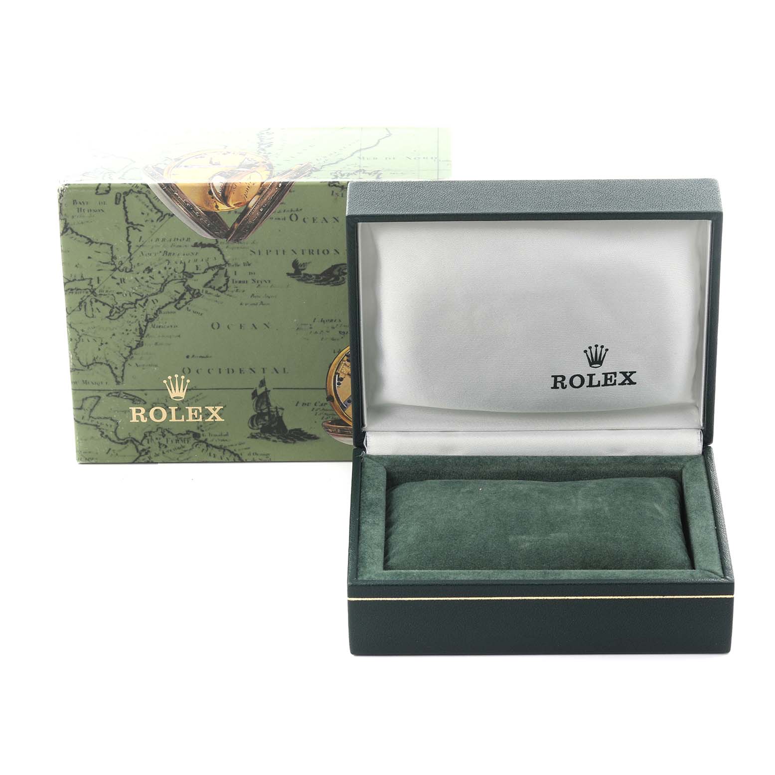 The image shows an open Rolex watch box for a Mid-Size model, with an exterior box in the background.
