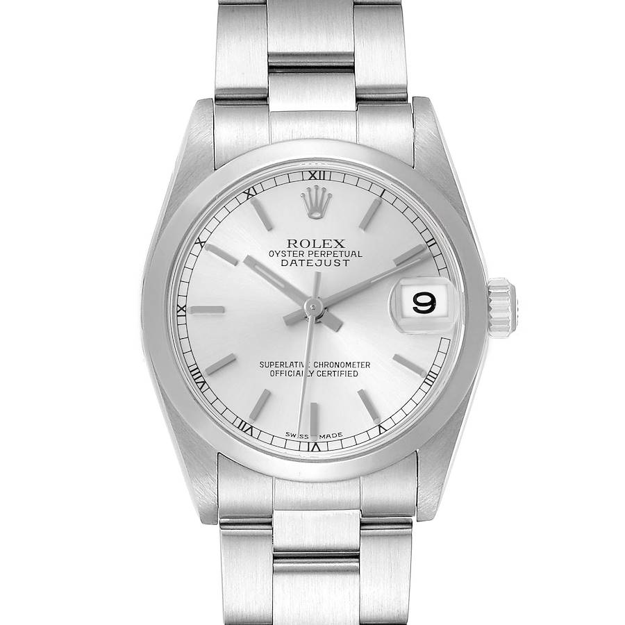 The image shows a front view of a Rolex Mid-Size Datejust watch, highlighting the face, bezel, and bracelet.