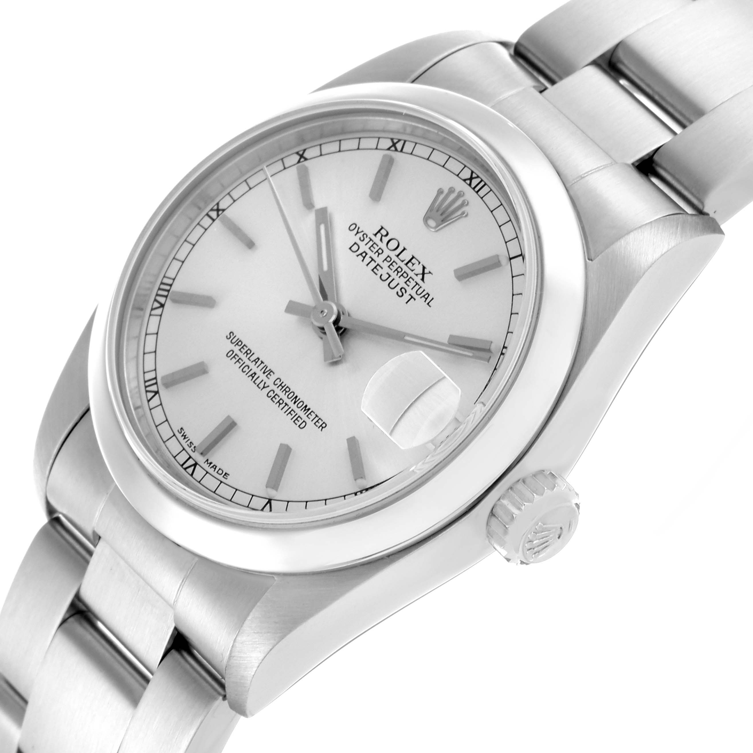 The Rolex Datejust Mid-Size watch is shown at a slightly angled side view, displaying its dial, bezel, crown, and part of the bracelet.