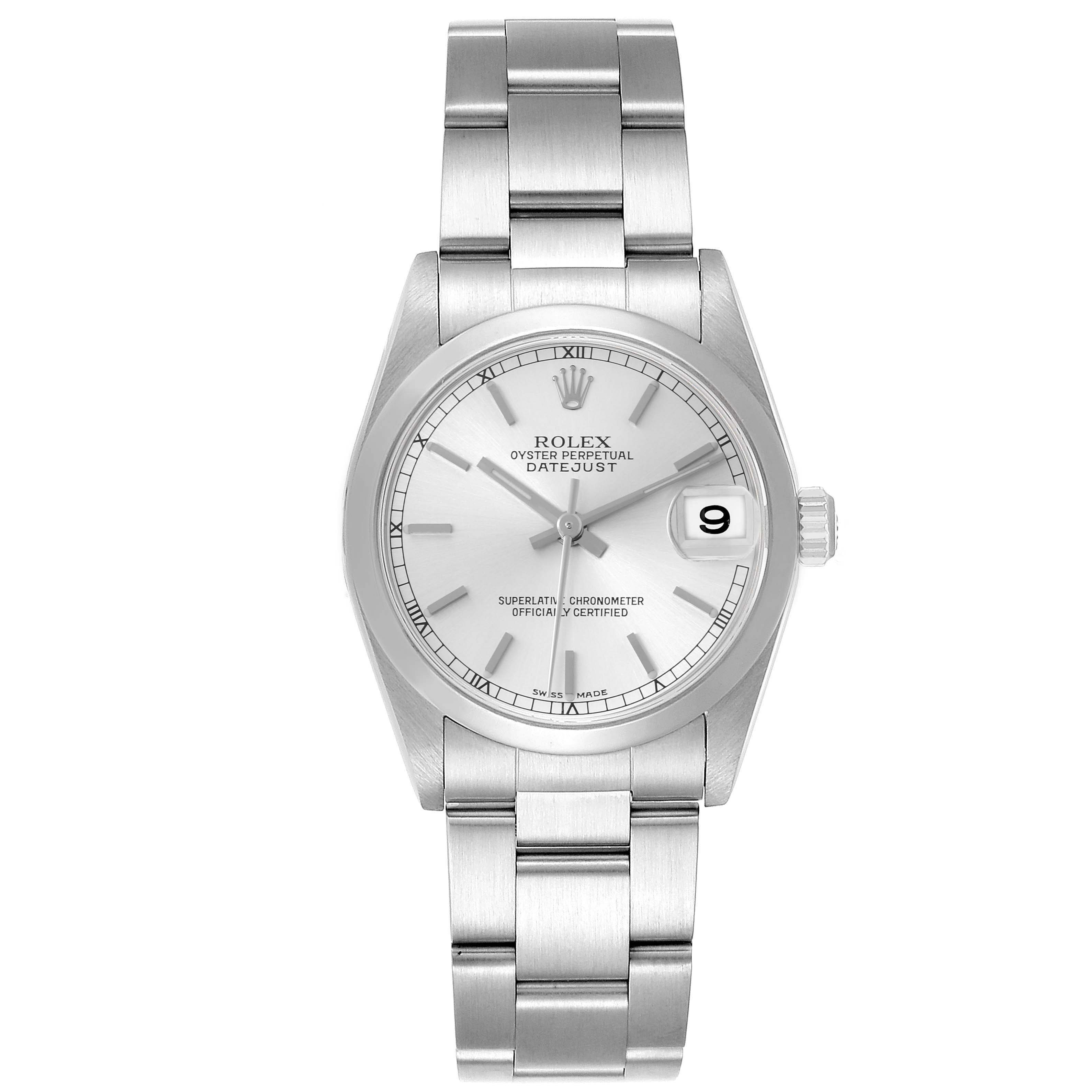 The Rolex Datejust Mid-Size watch is shown from a front angle, displaying the dial, bracelet, and crown.