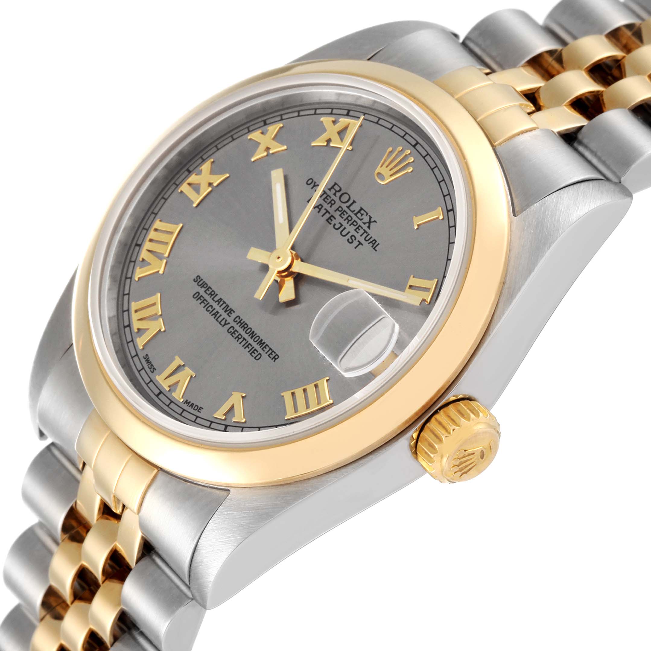 The image shows a close-up angled view of a Rolex Mid-Size 78243 Women's Steel and Gold (two tone) Grey Dial 78243 Women's Steel and Gold (two tone) Grey Dial watch, highlighting the face, crown, and part of the bracelet.