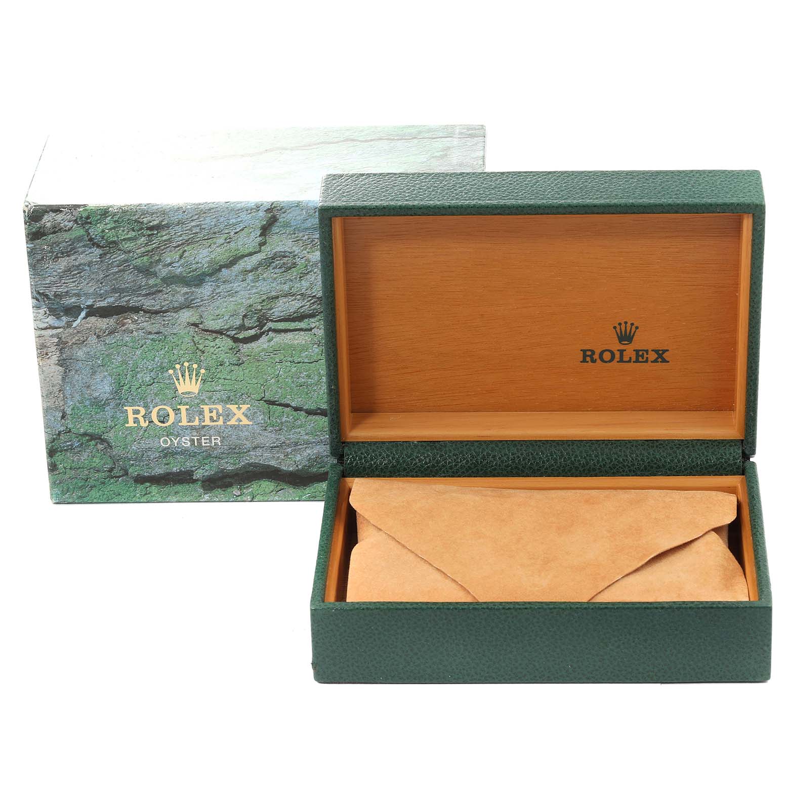 The image shows the packaging for a Mid-Size Rolex watch, featuring an open green and wood box with the Rolex logo, and the outer box beside it.
