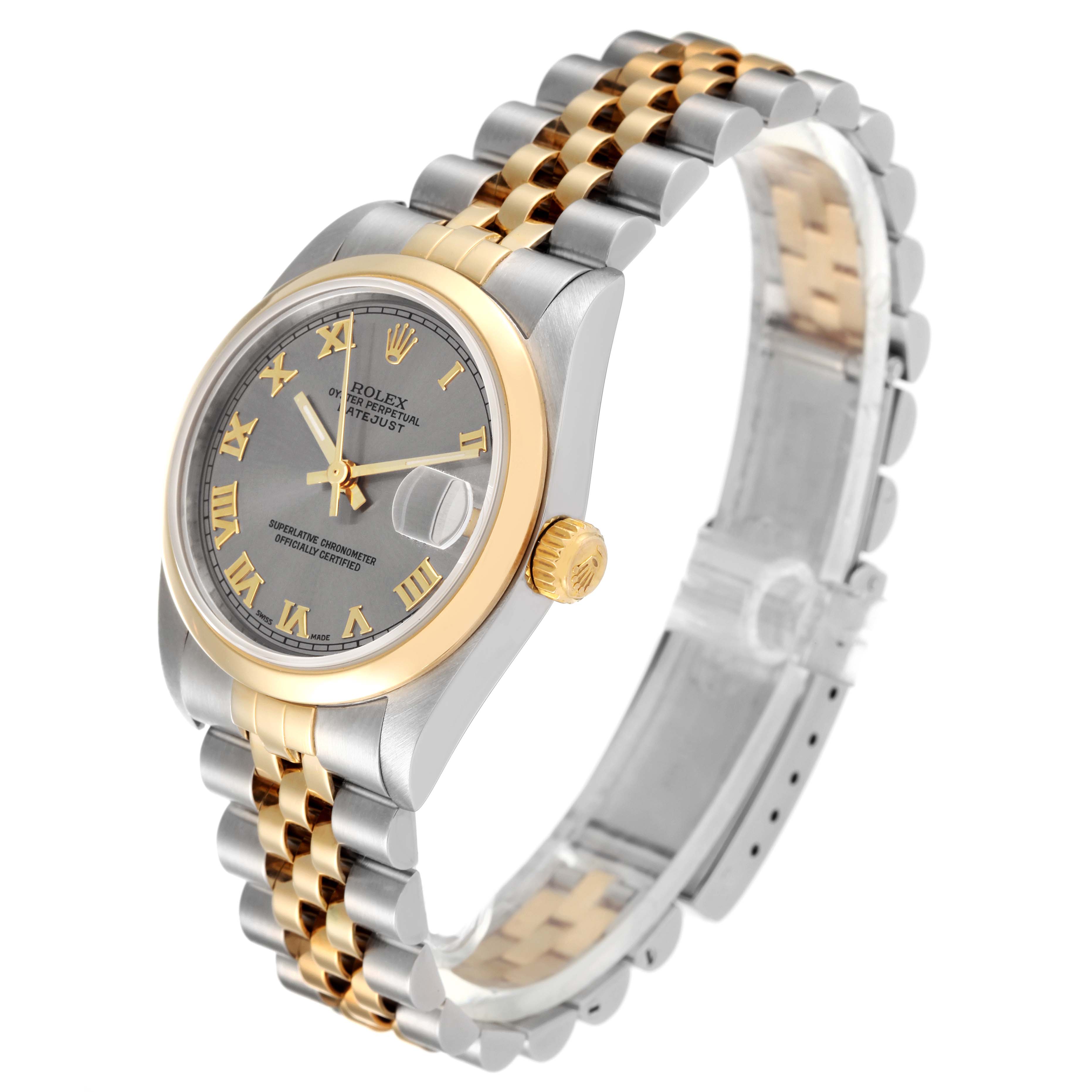 The Rolex Mid-Size 78243 Women's Steel and Gold (two tone) Grey Dial 78243 Women's Steel and Gold (two tone) Grey Dial model watch is shown at an angled side view, highlighting its two-tone bezel, crown, and bracelet.