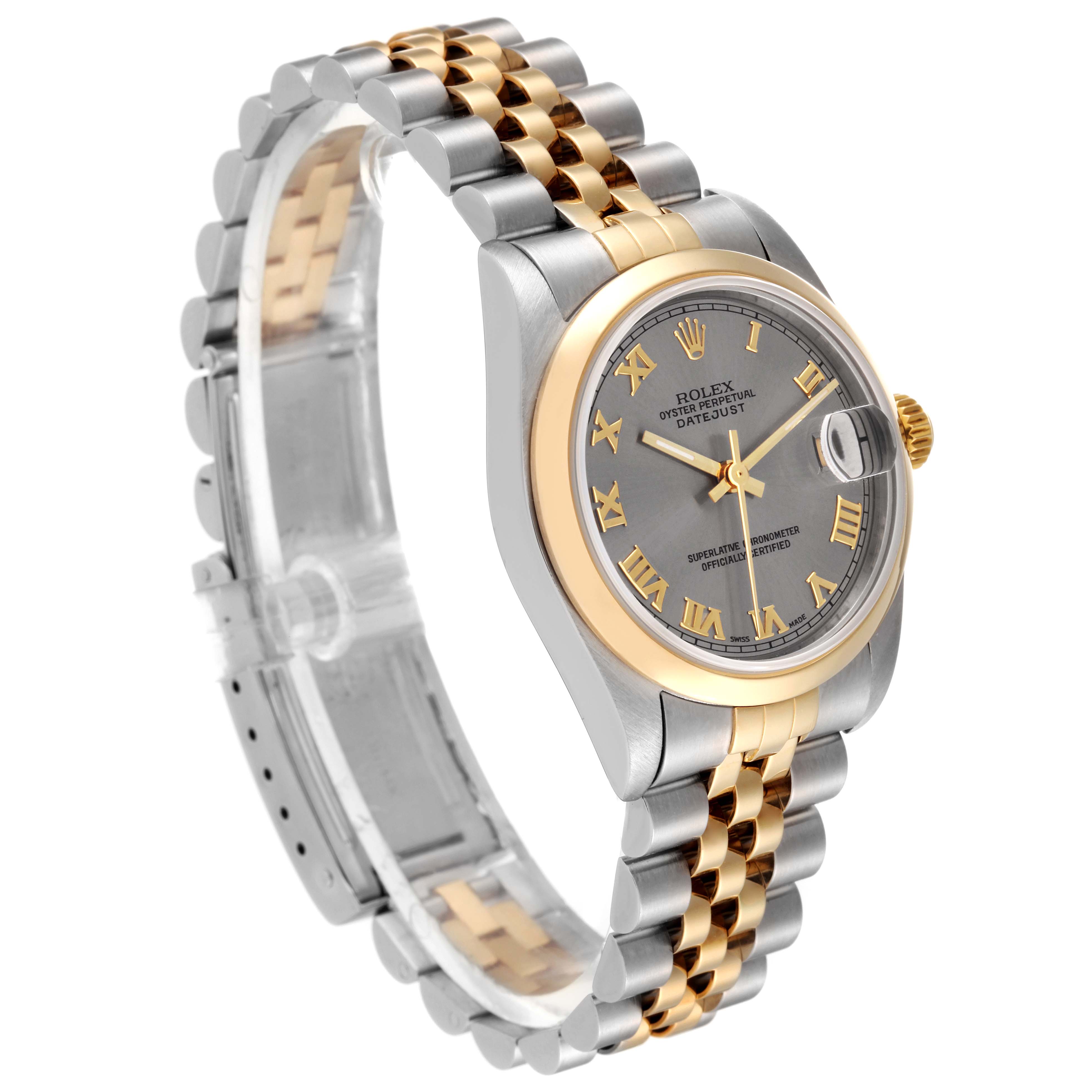 This image shows a side angle of a Rolex Mid-Size 78243 Women's Steel and Gold (two tone) Grey Dial 78243 Women's Steel and Gold (two tone) Grey Dial Datejust watch, featuring its dial, bezel, and two-tone bracelet.