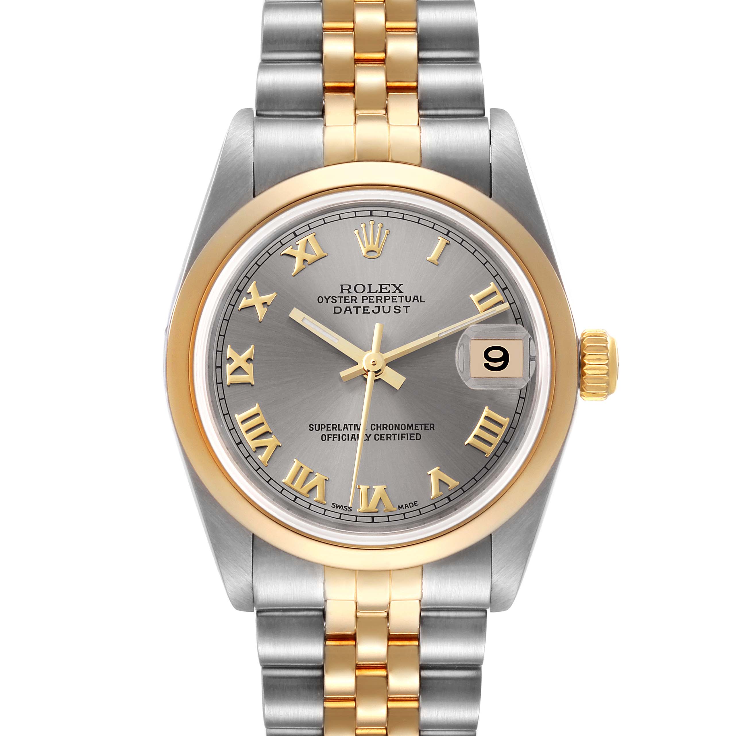 The image shows a front view of a Rolex Mid-Size 78243 Women's Steel and Gold (two tone) Grey Dial 78243 Women's Steel and Gold (two tone) Grey Dial Oyster Perpetual Datejust, highlighting its dial, bezel, and bracelet.