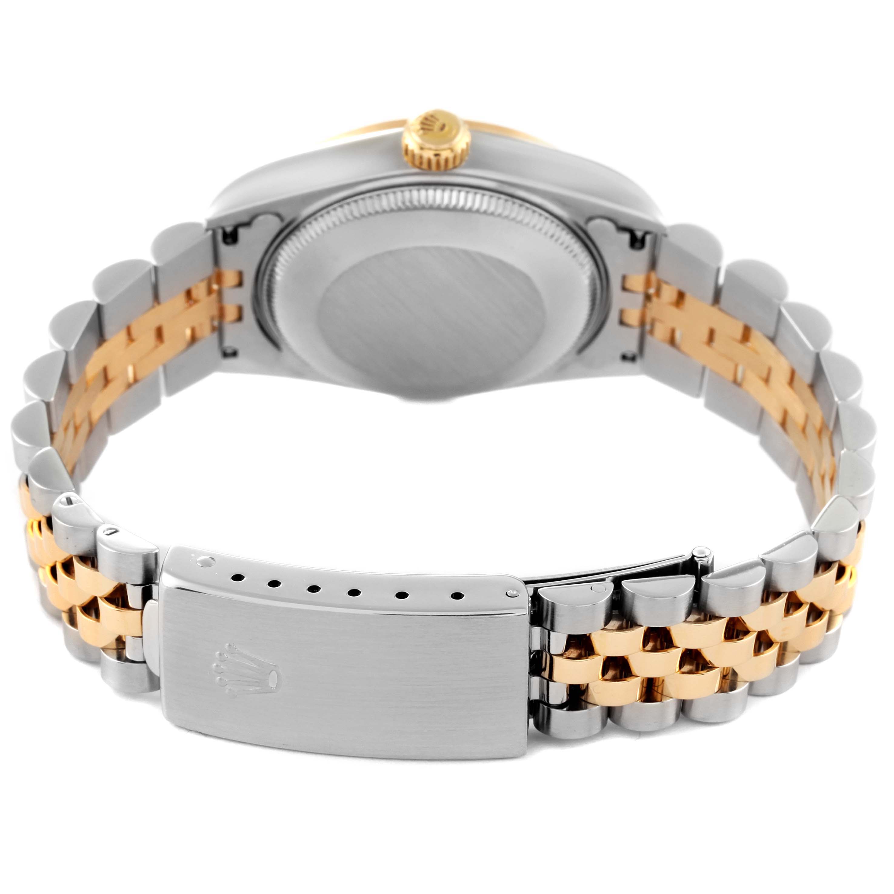 This image shows the back and clasp of a Mid-Size Rolex watch, highlighting its two-tone bracelet and closed case back.