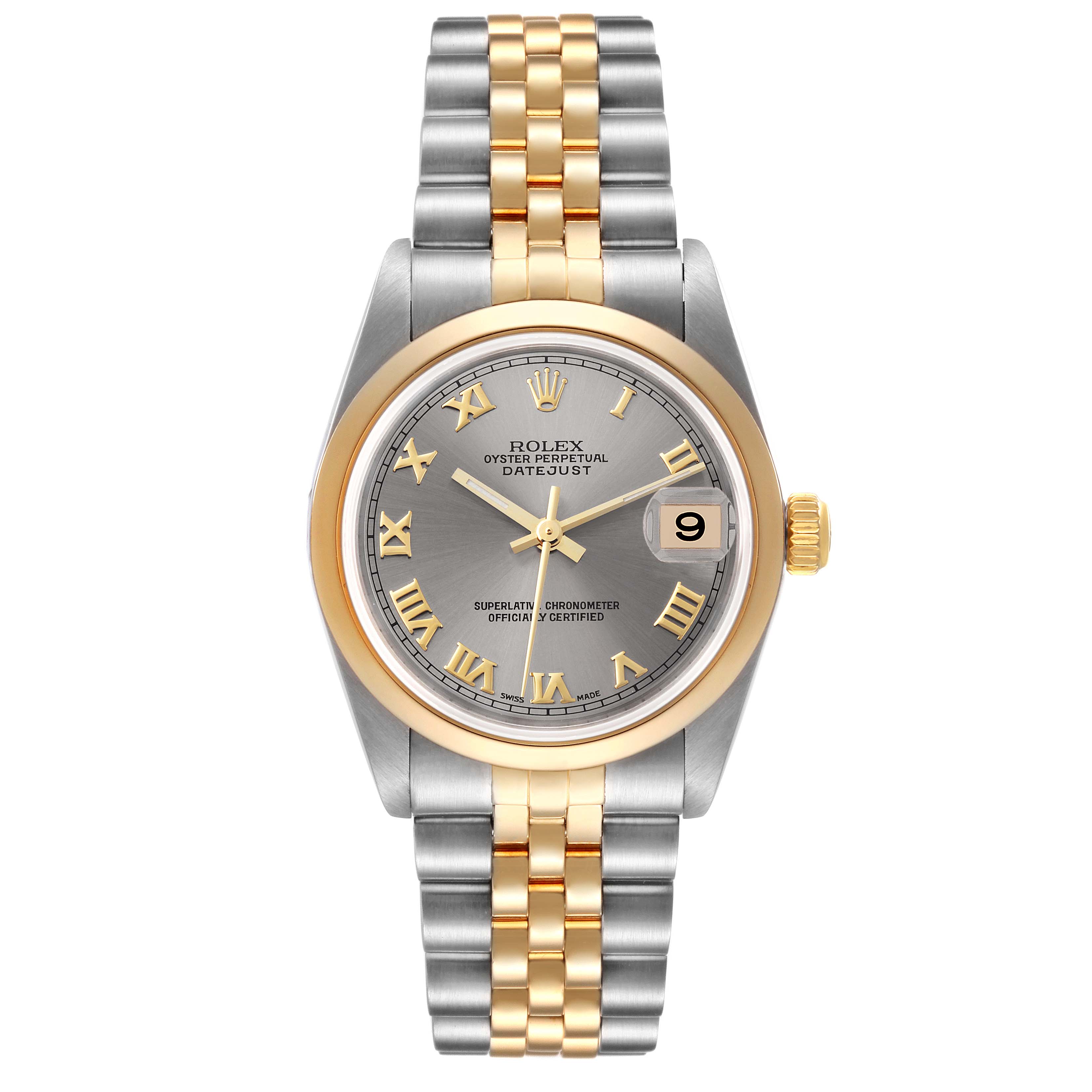 The image shows a front view of a Rolex Mid-Size 78243 Women's Steel and Gold (two tone) Grey Dial 78243 Women's Steel and Gold (two tone) Grey Dial Datejust watch with a two-tone gold and silver bracelet and a grey dial with gold Roman numerals.