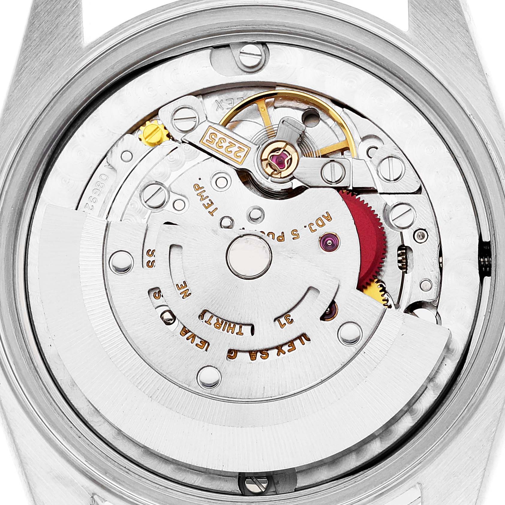 This image shows the intricate internal mechanism of a Rolex Mid-Size 78243 Women's Steel and Gold (two tone) Grey Dial 78243 Women's Steel and Gold (two tone) Grey Dial model watch from a close-up, top-down angle.