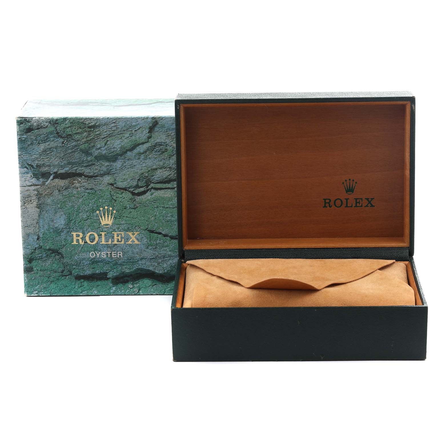 The image shows a Rolex Datejust 16233 Men's Steel and Gold (two tone) Black Dial 16233 Men's Steel and Gold (two tone) Black Dial packaging box with an opened wooden interior and a suede cushion inside.