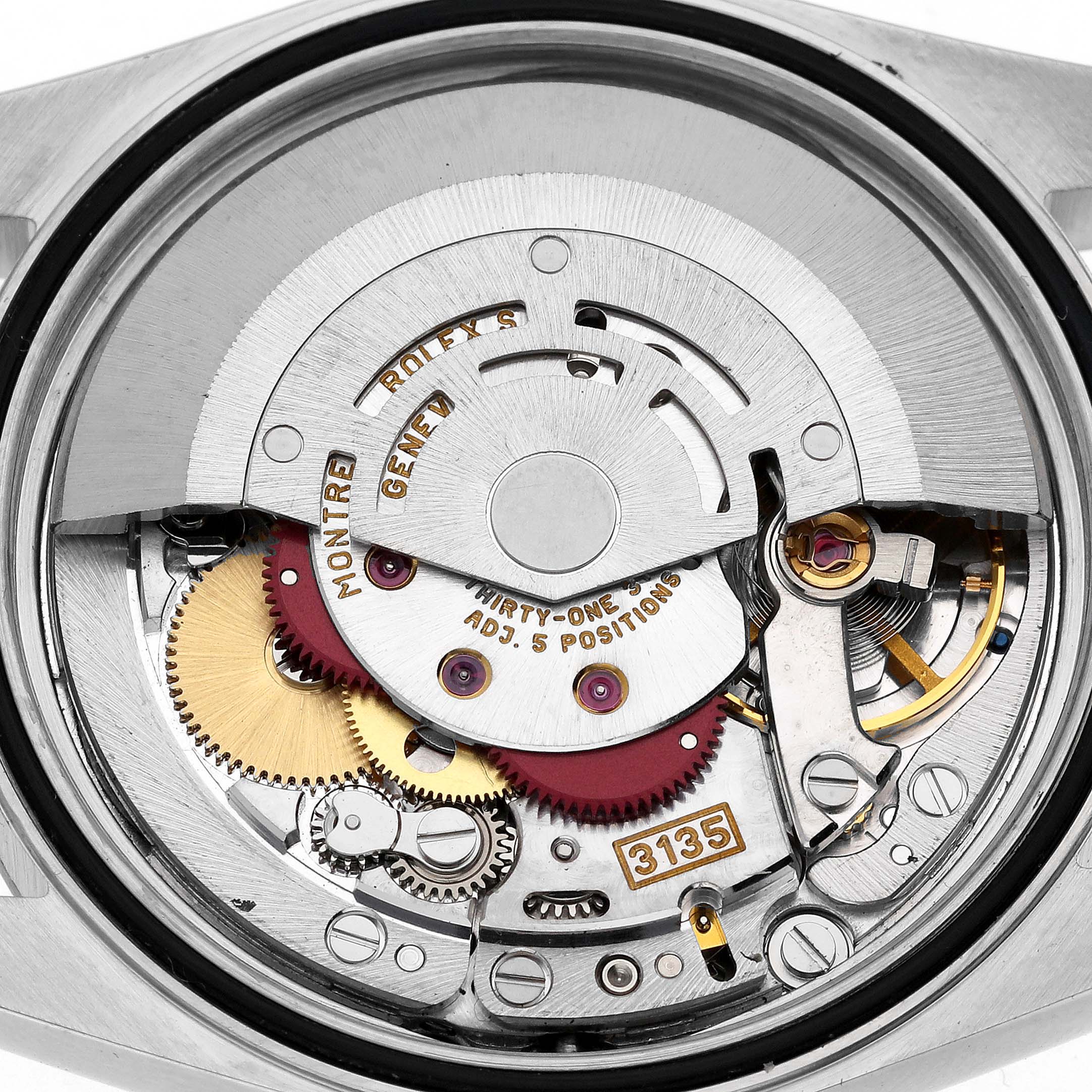 The image shows the back angle of a Rolex Datejust 16233 Men's Steel and Gold (two tone) Black Dial 16233 Men's Steel and Gold (two tone) Black Dial, highlighting the movement and internal mechanical parts.
