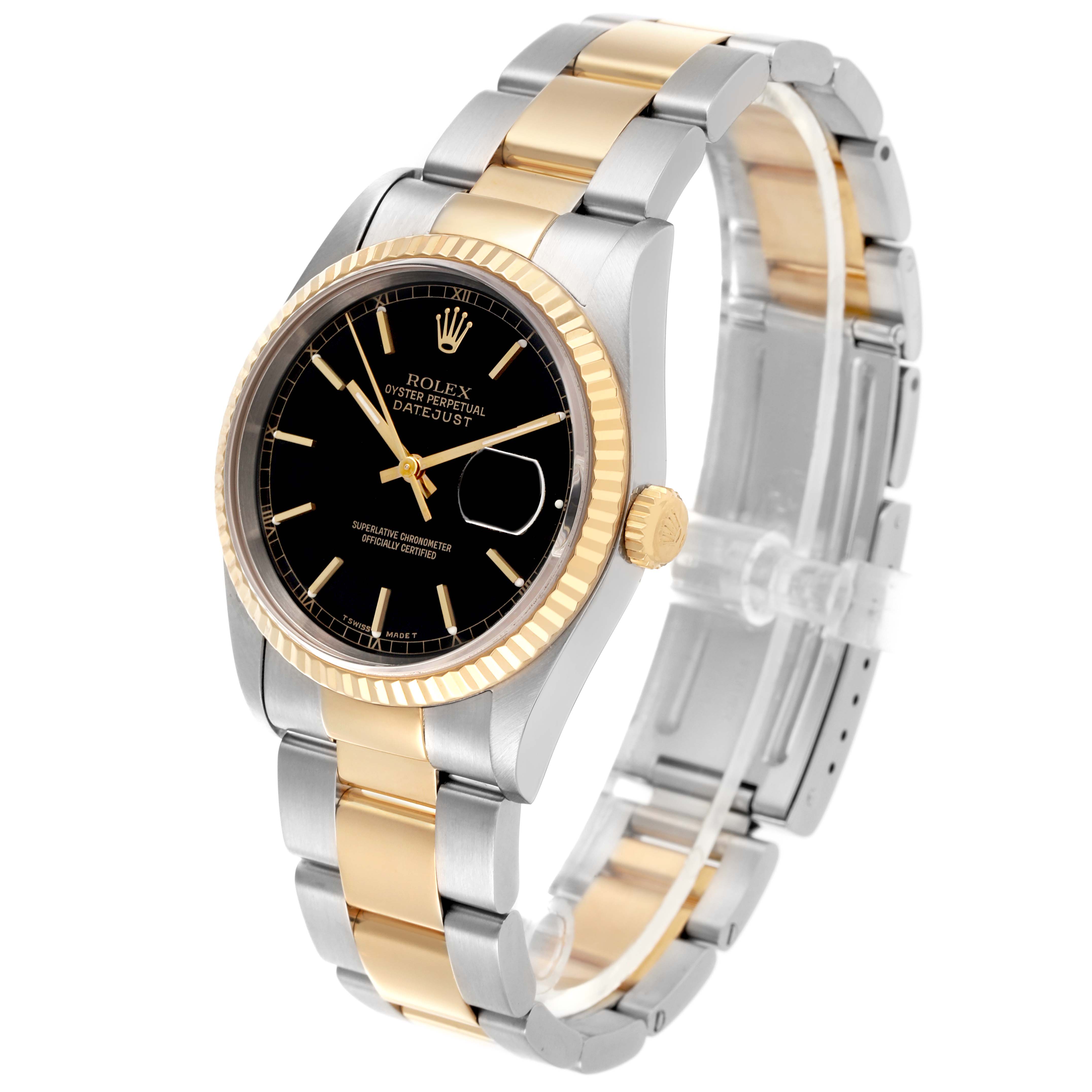 The image shows a Rolex Datejust 16233 Men's Steel and Gold (two tone) Black Dial 16233 Men's Steel and Gold (two tone) Black Dial watch from a diagonal angle, highlighting the black dial, two-tone bracelet, crown, and fluted bezel.