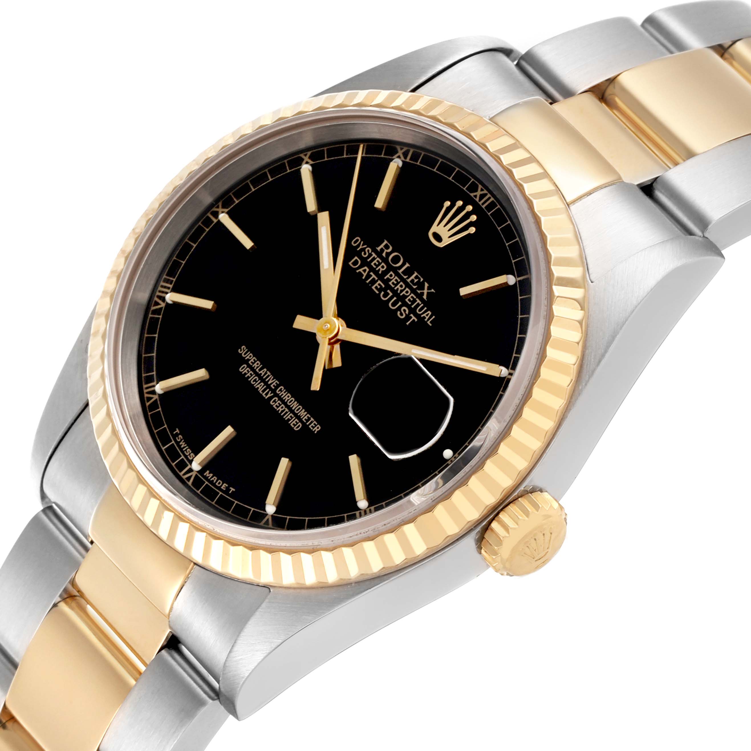 The Rolex Datejust 16233 Men's Steel and Gold (two tone) Black Dial 16233 Men's Steel and Gold (two tone) Black Dial watch is shown at a slight angle, highlighting the black dial, gold and silver fluted bezel, and bracelet.