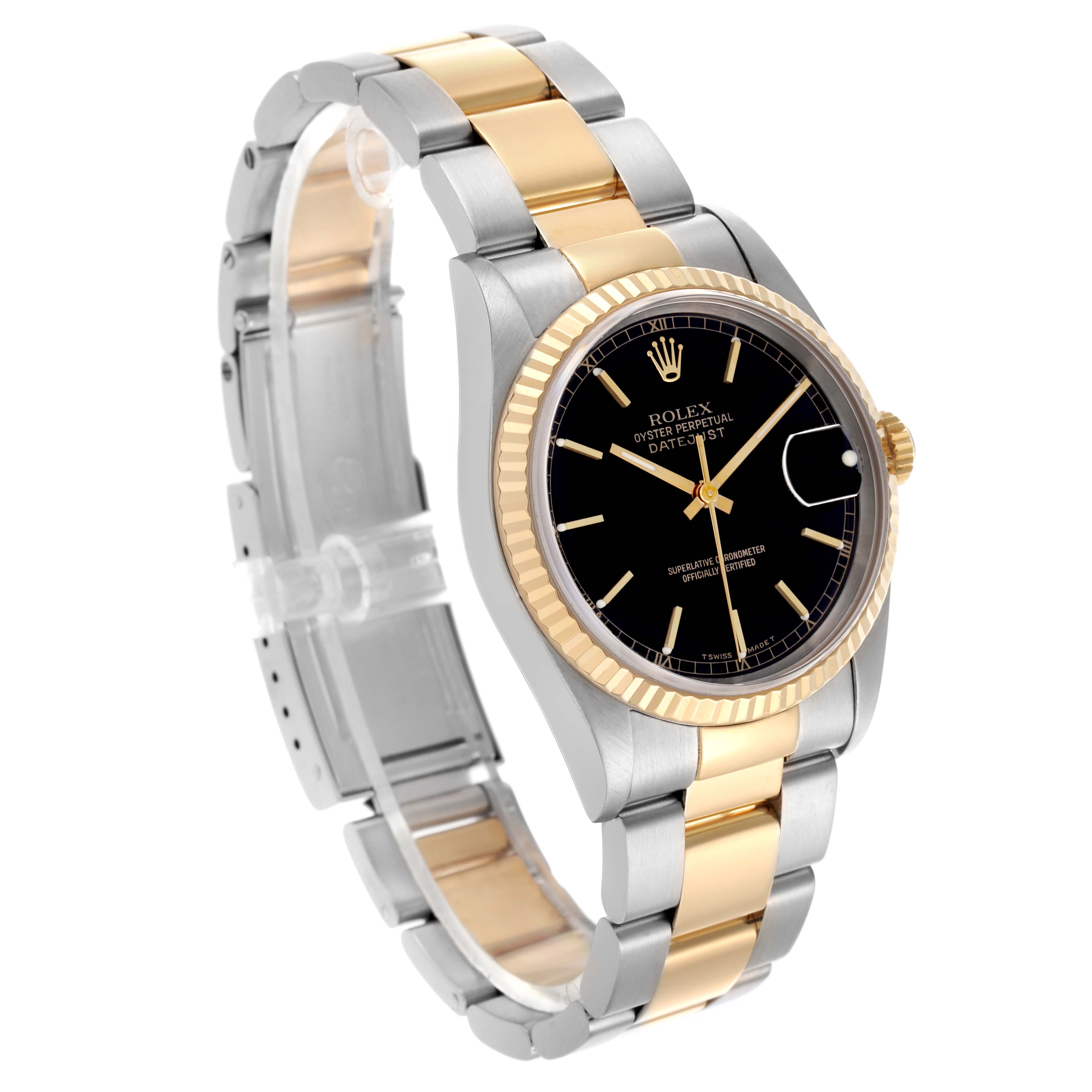 The Rolex Datejust 16233 Men's Steel and Gold (two tone) Black Dial 16233 Men's Steel and Gold (two tone) Black Dial watch is shown at an angled view, highlighting the dial, bezel, and bracelet.