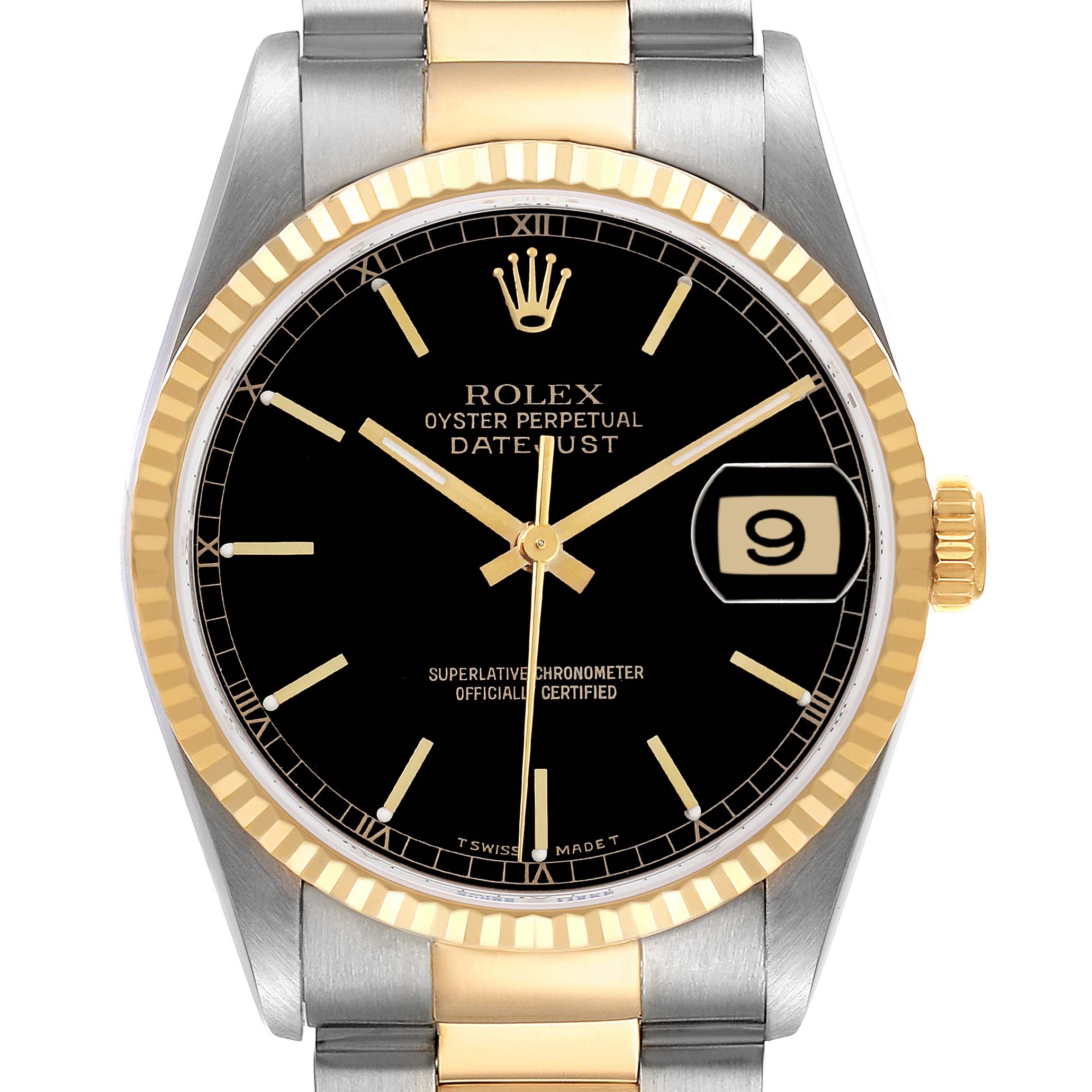 The Rolex Datejust 16233 Men's Steel and Gold (two tone) Black Dial 16233 Men's Steel and Gold (two tone) Black Dial watch is shown from the front, displaying the bezel, dial, hands, date window, and part of the bracelet.