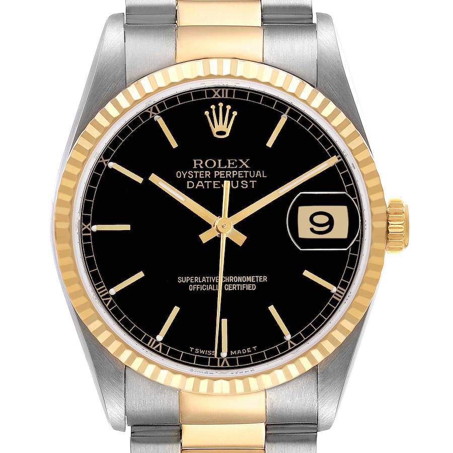 The Rolex Datejust watch is shown from the front, displaying the bezel, dial, hands, date window, and part of the bracelet.