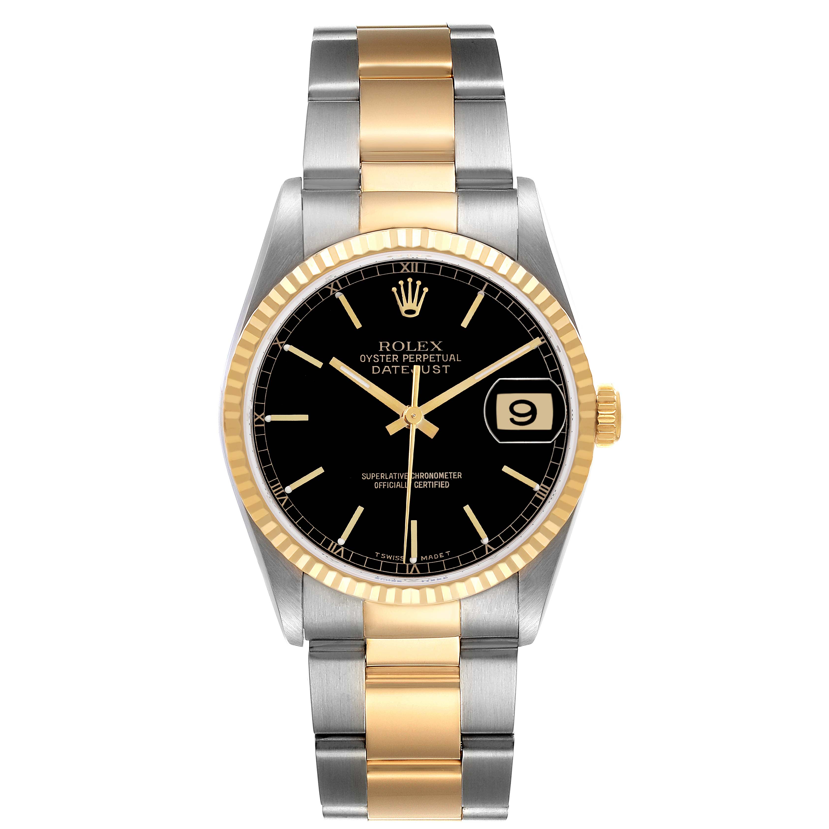 The image shows a front view of the Rolex Datejust 16233 Men's Steel and Gold (two tone) Black Dial 16233 Men's Steel and Gold (two tone) Black Dial watch, highlighting the dial, bezel, and two-tone bracelet.
