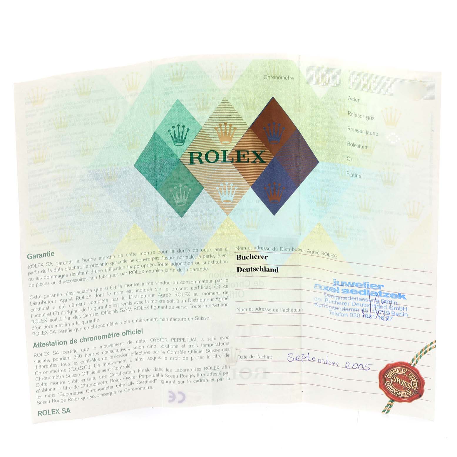 The image shows the official warranty and certification papers for a Rolex Datejust 116233 Men's Steel and Gold (two tone) Champagne Dial 116233 Men's Steel and Gold (two tone) Champagne Dial watch, including the purchase date and dealer information.