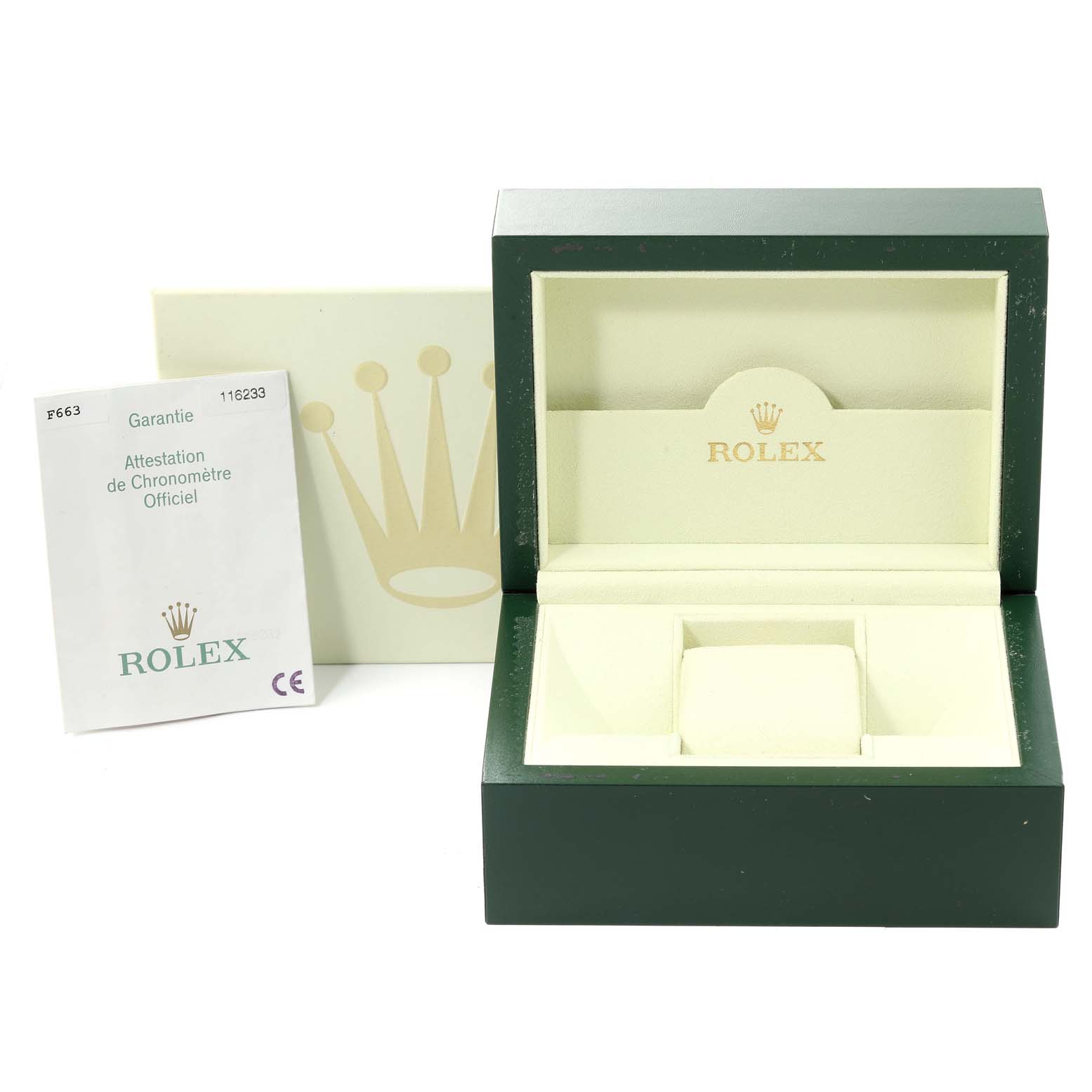 The image shows the open box, outer box, and warranty card for a Rolex Datejust 116233 Men's Steel and Gold (two tone) Champagne Dial 116233 Men's Steel and Gold (two tone) Champagne Dial watch.
