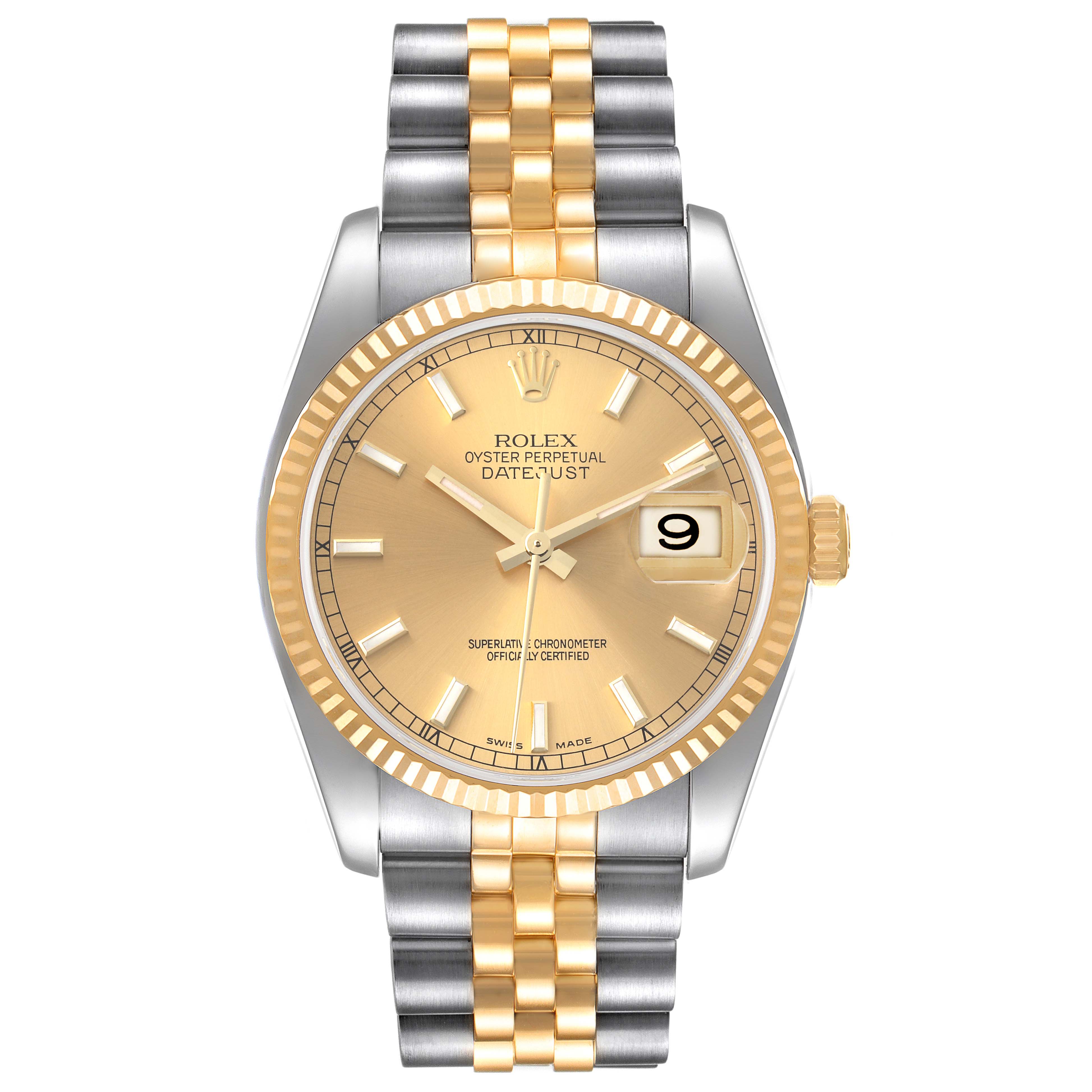 Straight-on view of a Rolex Datejust 116233 Men's Steel and Gold (two tone) Champagne Dial 116233 Men's Steel and Gold (two tone) Champagne Dial model showing the dial, bezel, crown, and bracelet.