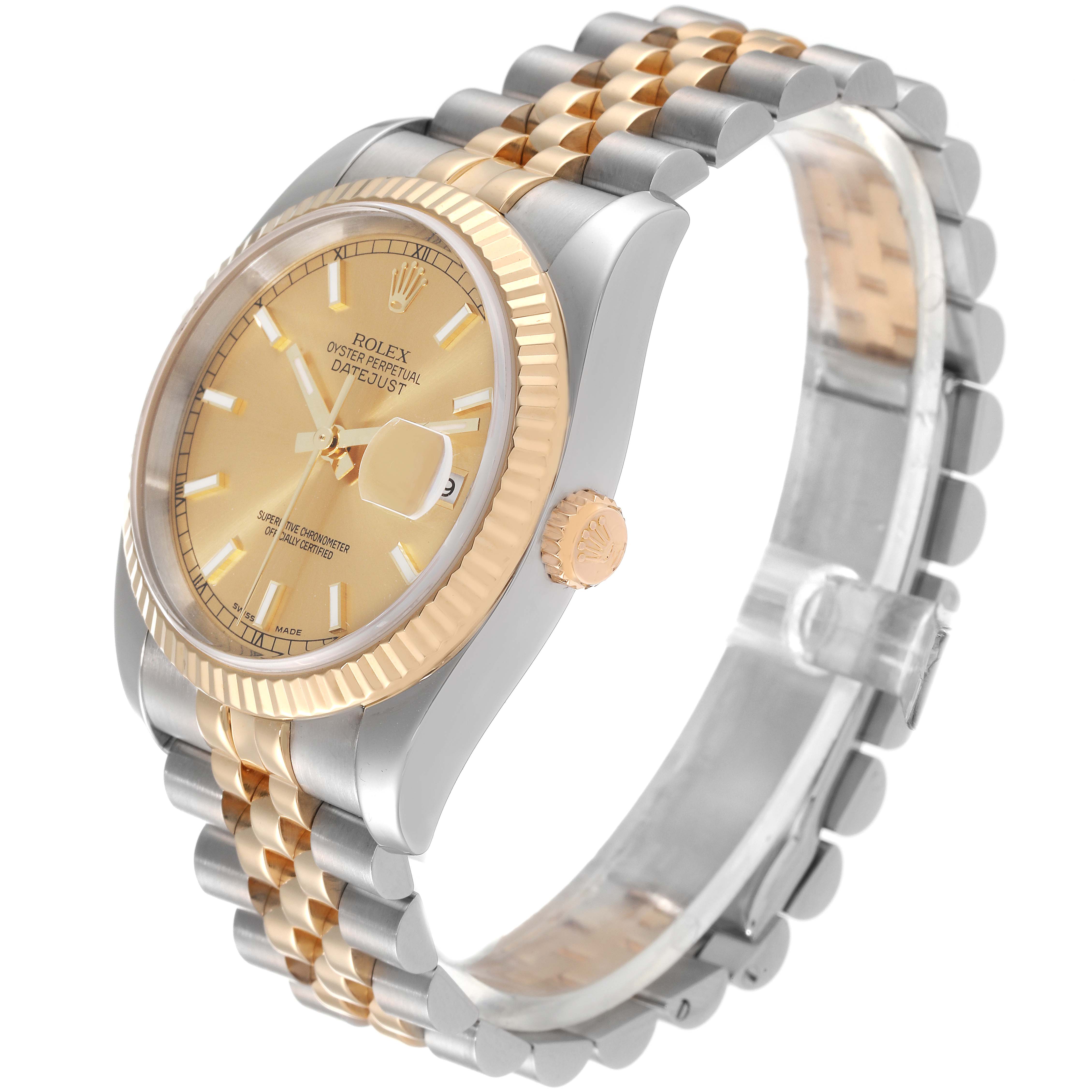 The Rolex Datejust 116233 Men's Steel and Gold (two tone) Champagne Dial 116233 Men's Steel and Gold (two tone) Champagne Dial watch is shown at a tilted angle, displaying the dial, bezel, case, crown, and bracelet.
