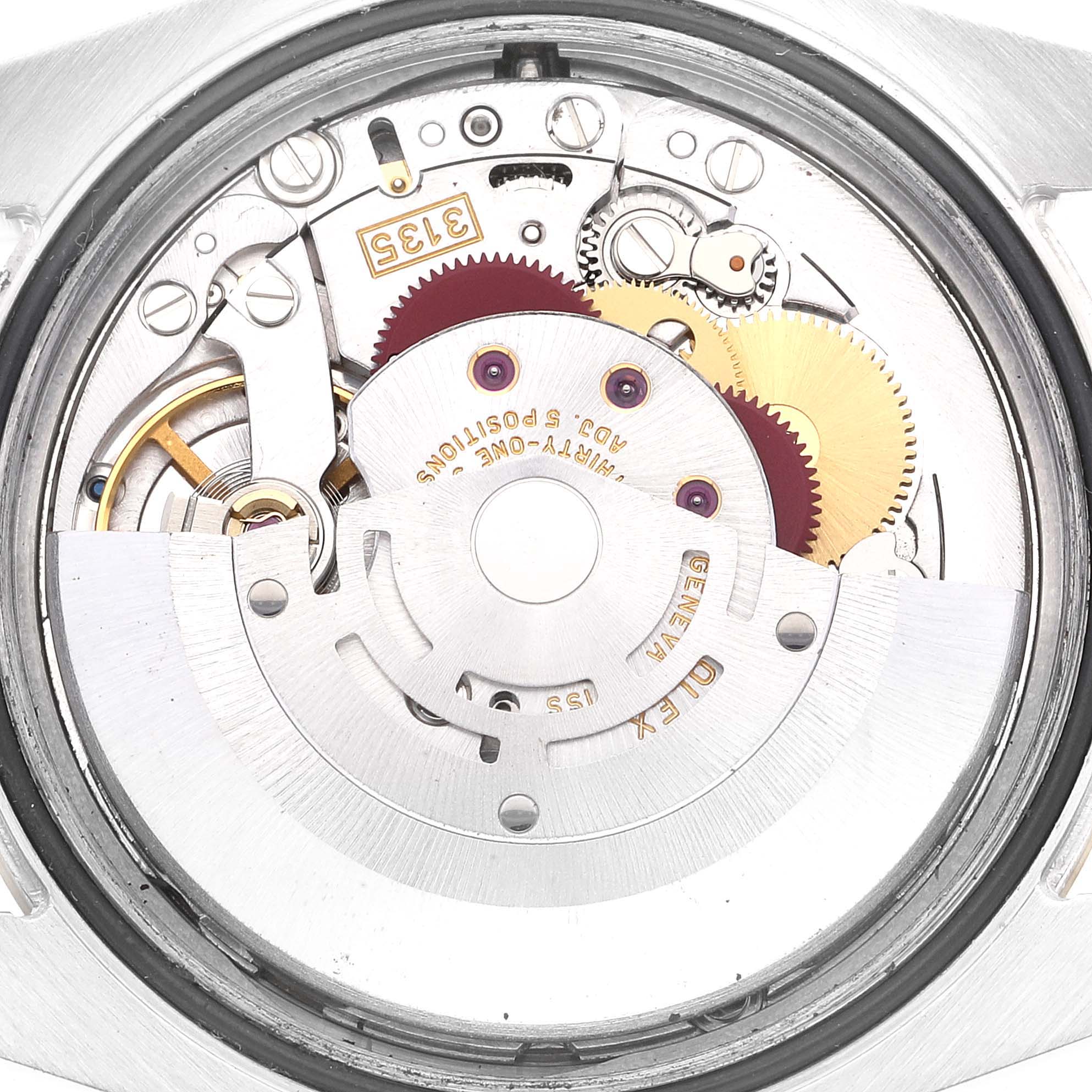 This is a close-up shot of the movement mechanism inside a Rolex Datejust 116233 Men's Steel and Gold (two tone) Champagne Dial 116233 Men's Steel and Gold (two tone) Champagne Dial watch.