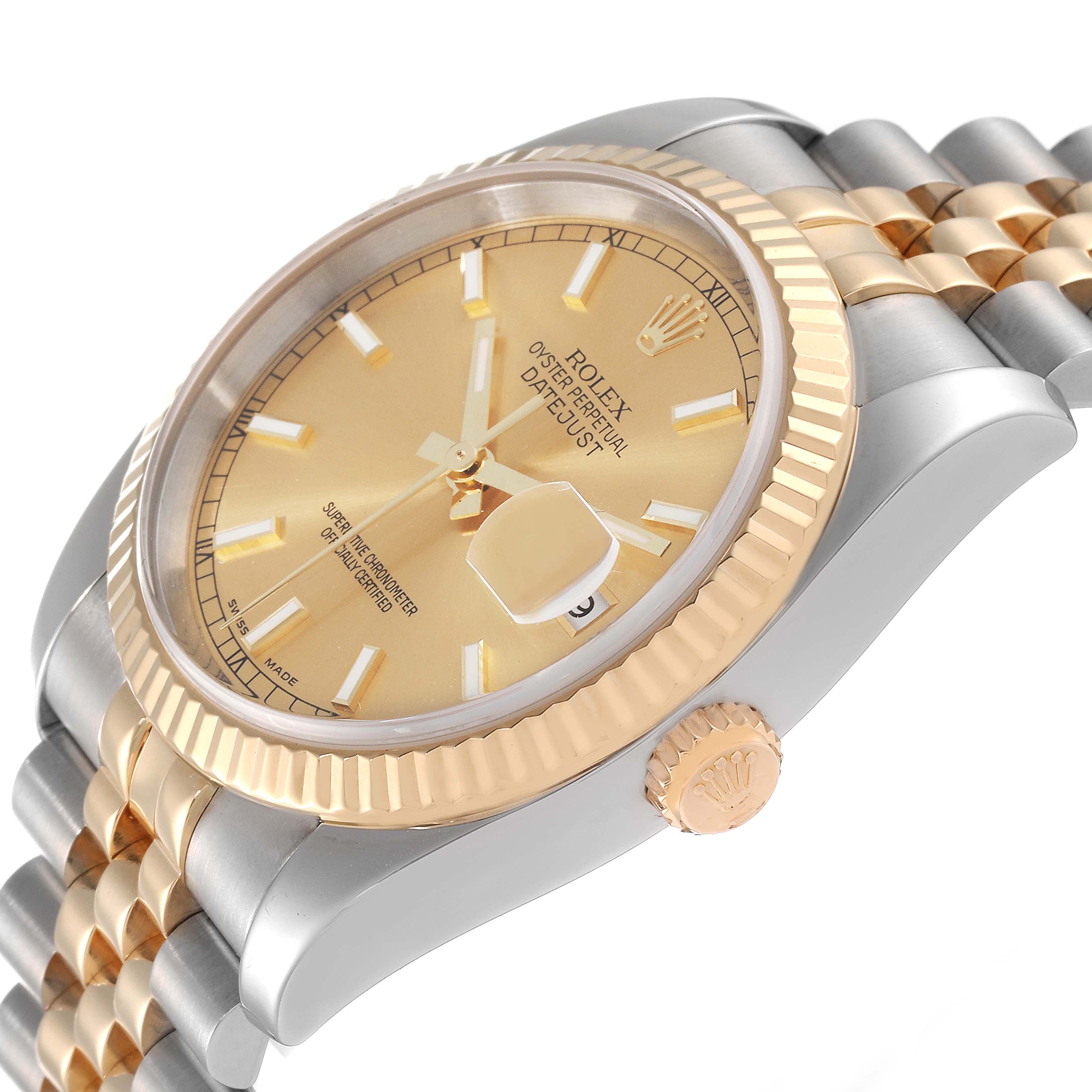 The image shows a Rolex Datejust 116233 Men's Steel and Gold (two tone) Champagne Dial 116233 Men's Steel and Gold (two tone) Champagne Dial watch at an angled side view, highlighting its bezel, crown, and part of the bracelet.