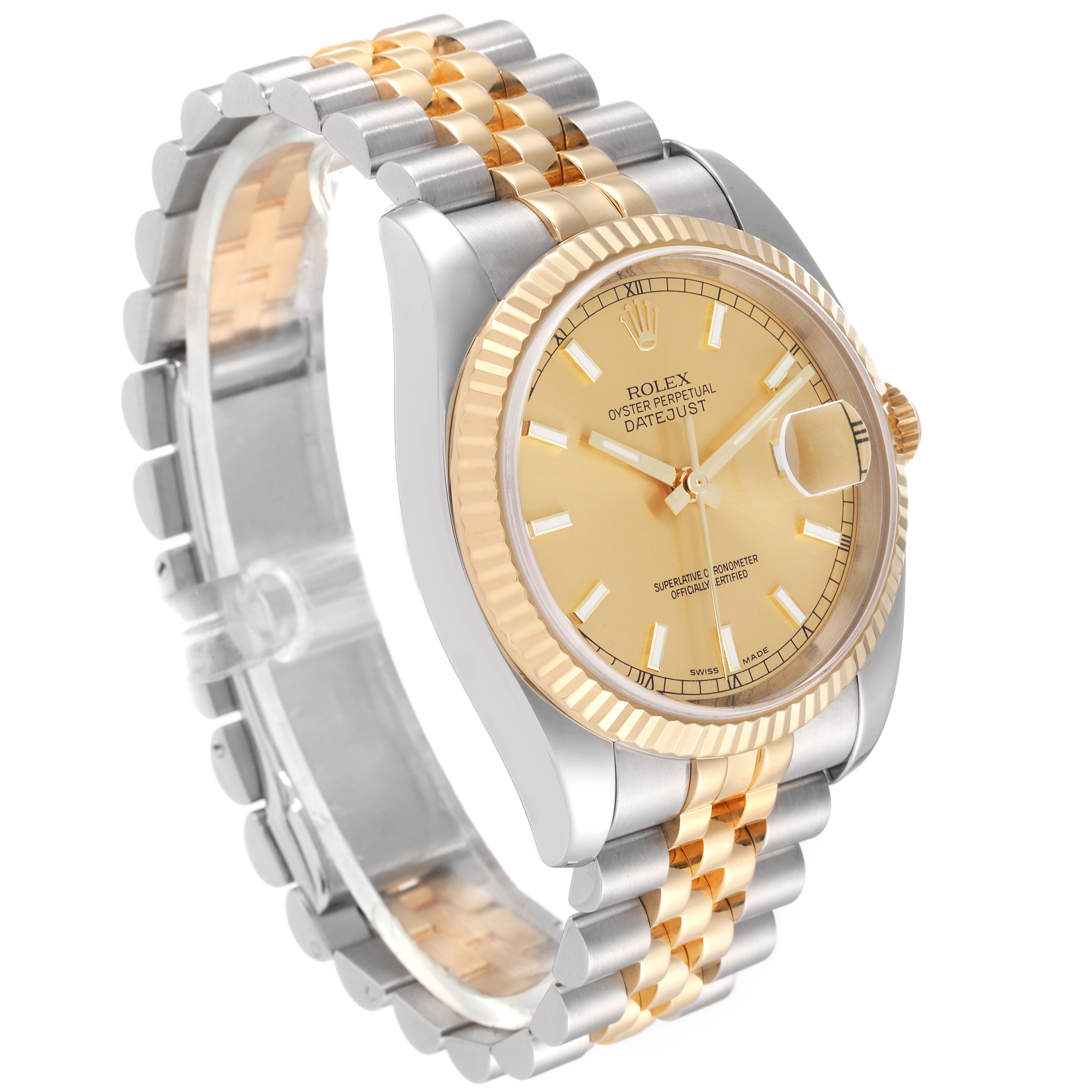 The image shows an angled view of a Rolex Datejust 116233 Men's Steel and Gold (two tone) Champagne Dial 116233 Men's Steel and Gold (two tone) Champagne Dial watch highlighting the dial, bezel, crown, and bracelet.