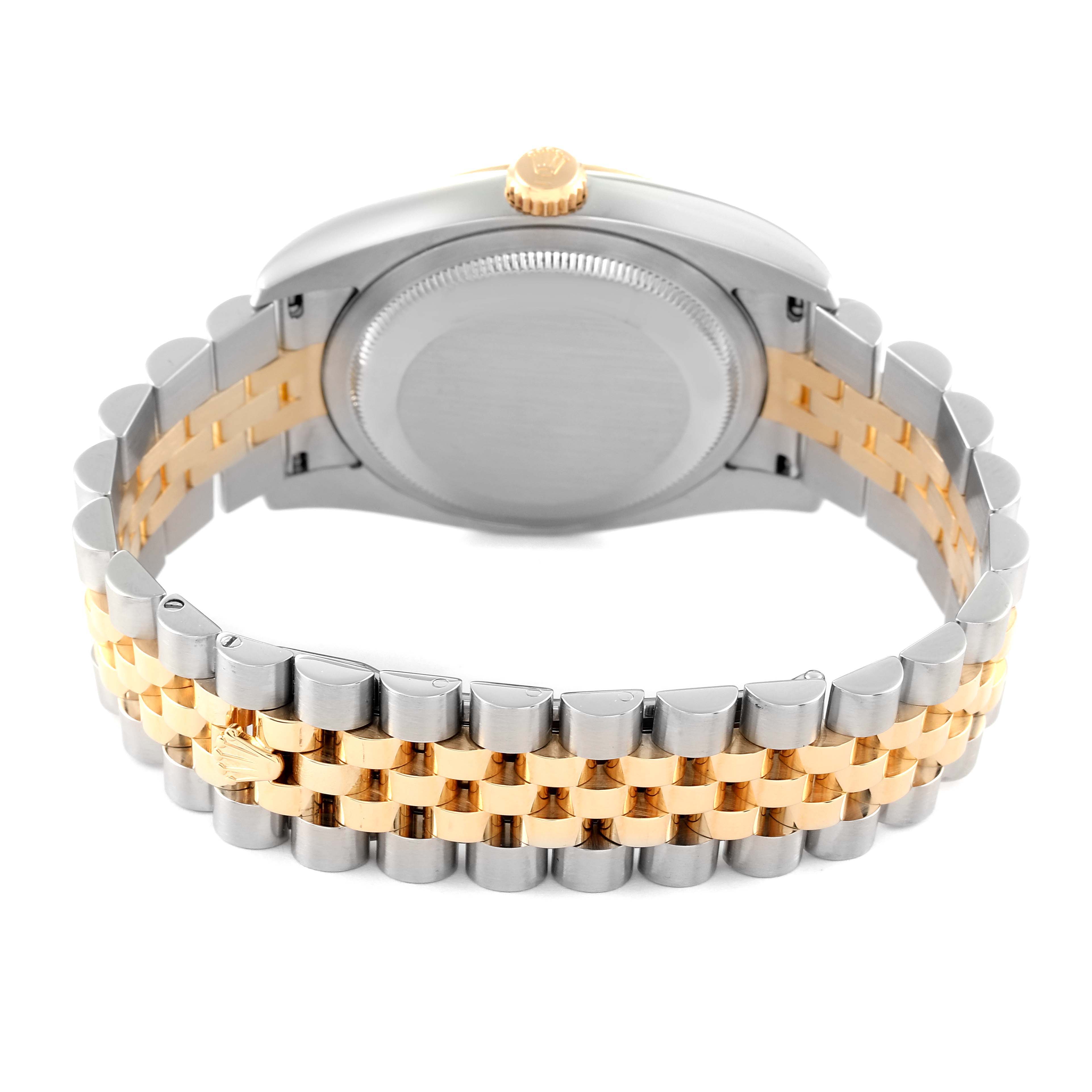 This image shows the back case and Jubilee bracelet of a Rolex Datejust 116233 Men's Steel and Gold (two tone) Champagne Dial 116233 Men's Steel and Gold (two tone) Champagne Dial watch from a rear angle.