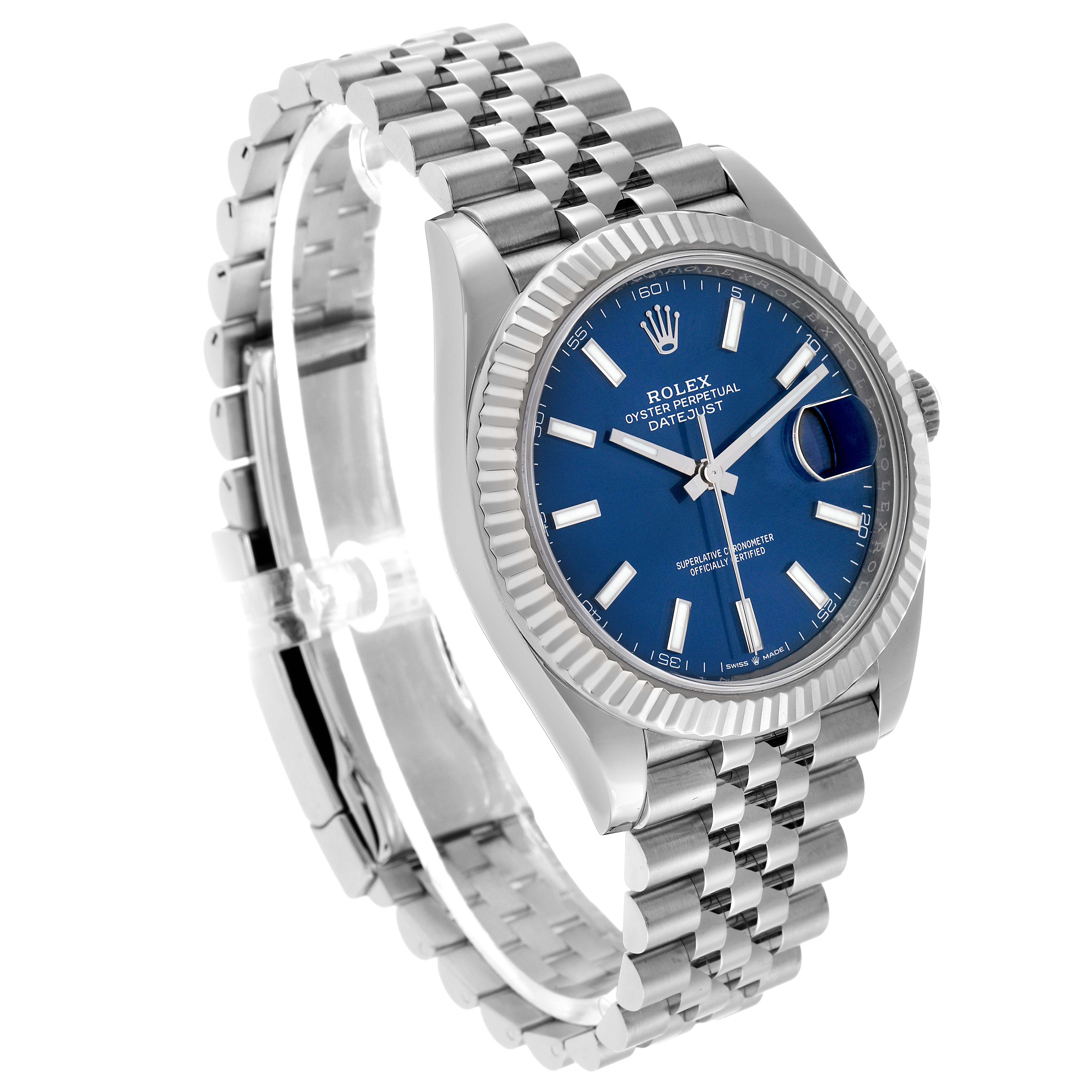 The Rolex Datejust 41 126334 Men's Stainless Steel Blue Dial watch is shown at a three-quarter angle, highlighting its blue dial, fluted bezel, and Jubilee bracelet.