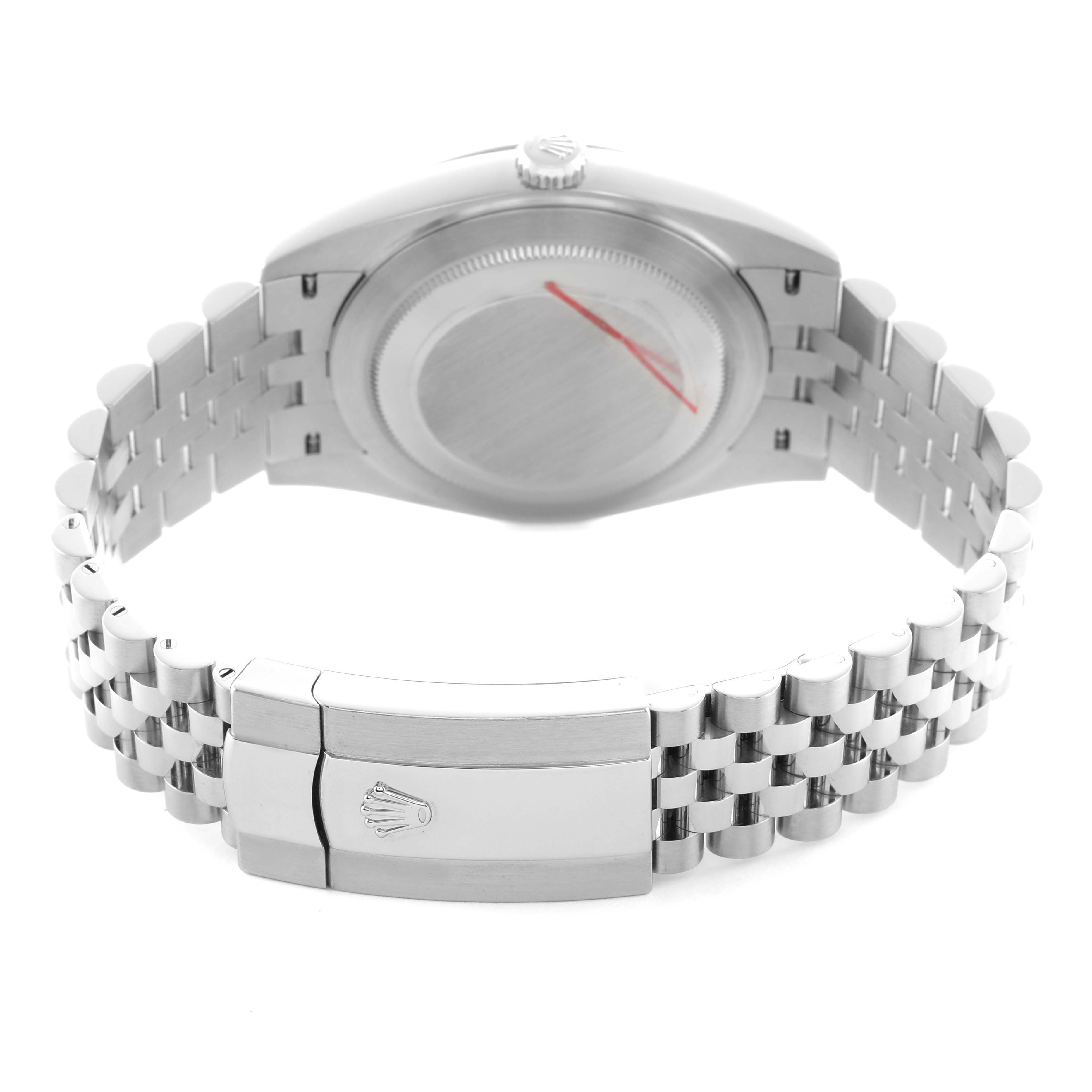 The image shows the back view of a Rolex Datejust 41 126334 Men's Stainless Steel Blue Dial, highlighting the case back, jubilee bracelet, and clasp.