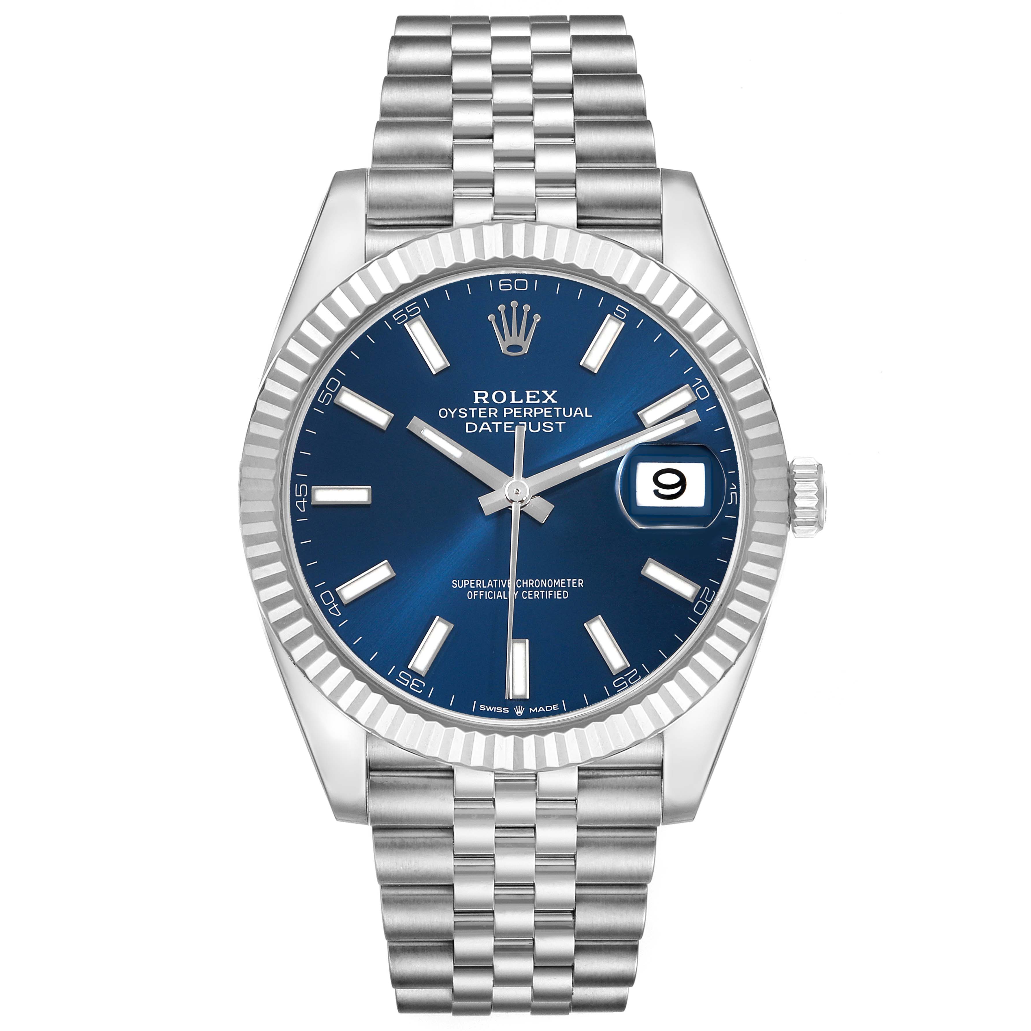 The Rolex Datejust 41 126334 Men's Stainless Steel Blue Dial is shown from a front angle, displaying the blue dial, fluted bezel, and Jubilee bracelet.