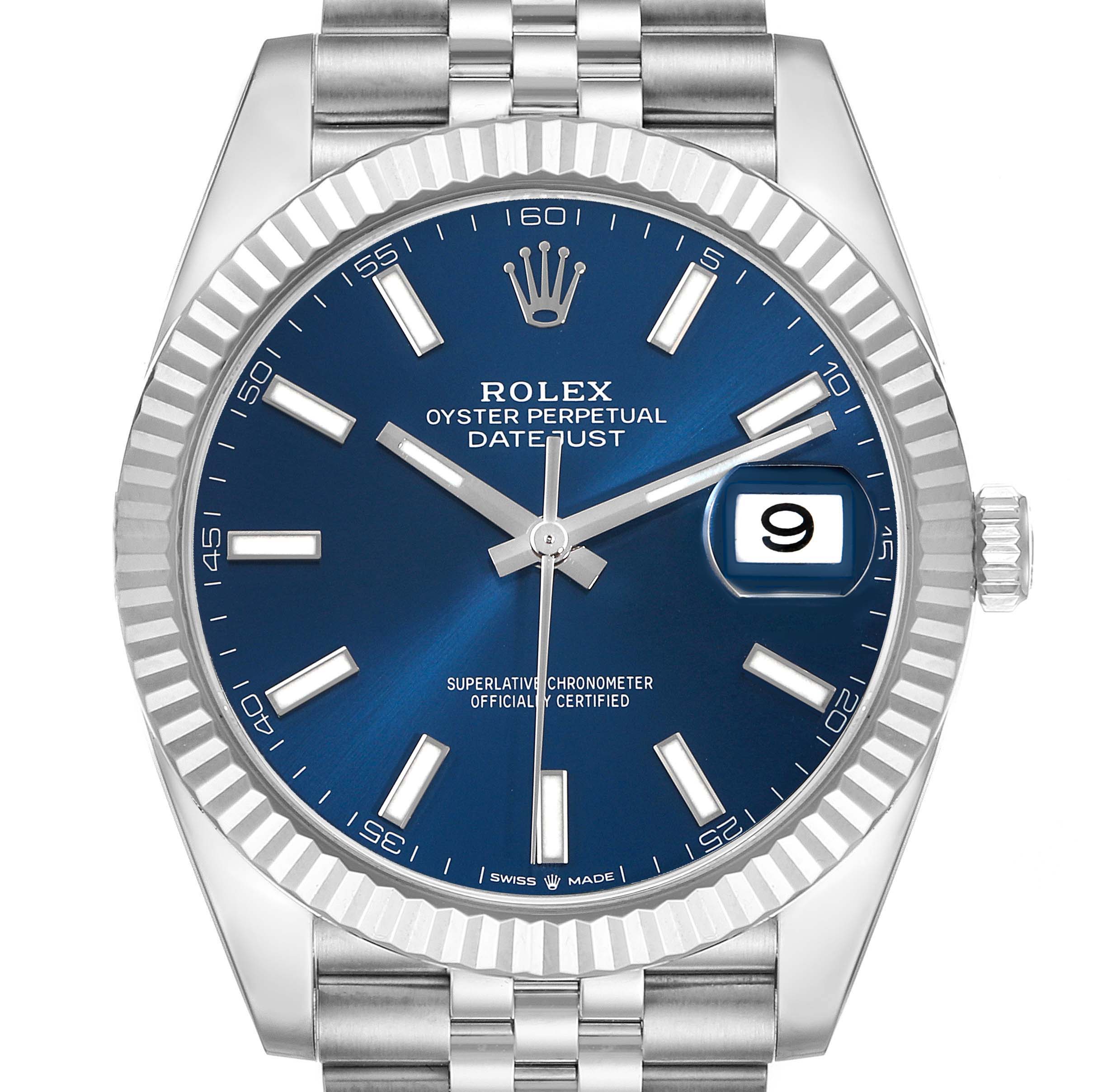 The Rolex Datejust 41 126334 Men's Stainless Steel Blue Dial is shown from a front angle, featuring its blue dial, fluted bezel, and iconic Jubilee bracelet.