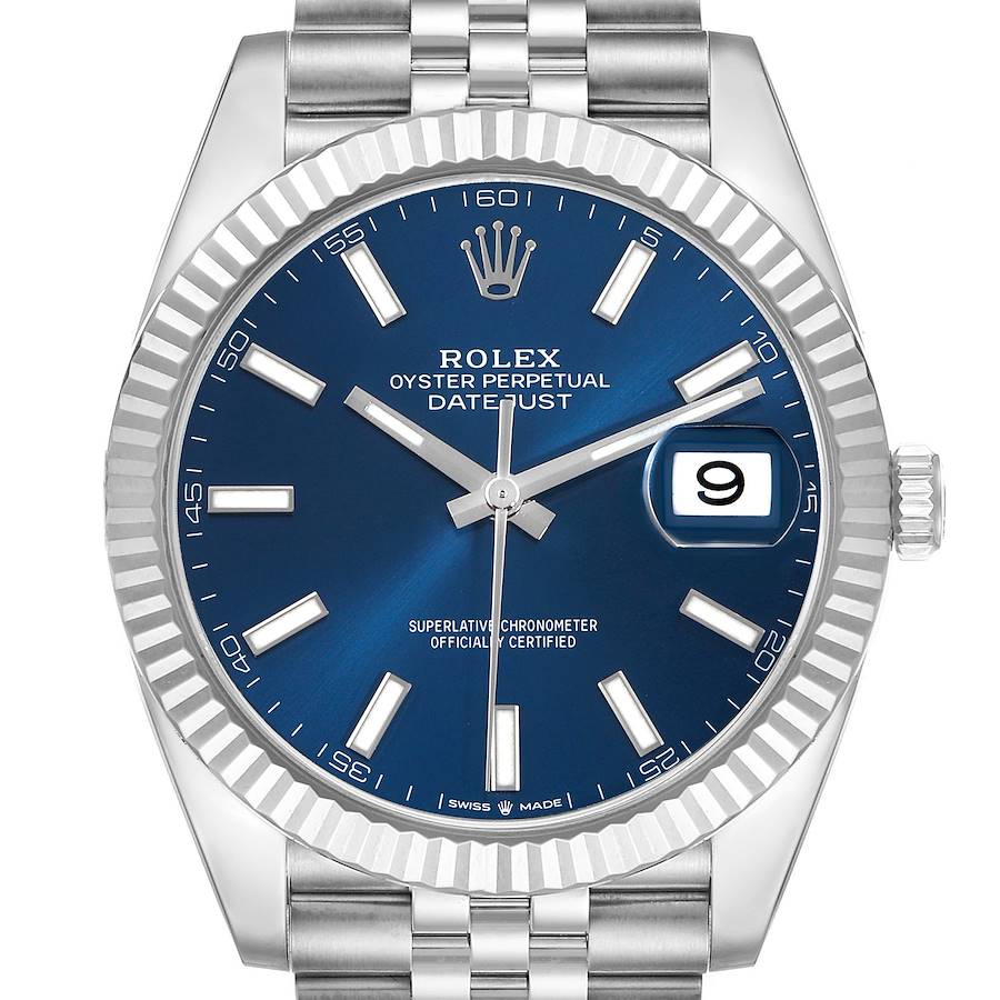 The Rolex Datejust 41 126334 Men's Stainless Steel Blue Dial is shown from a front angle, featuring its blue dial, fluted bezel, and iconic Jubilee bracelet.