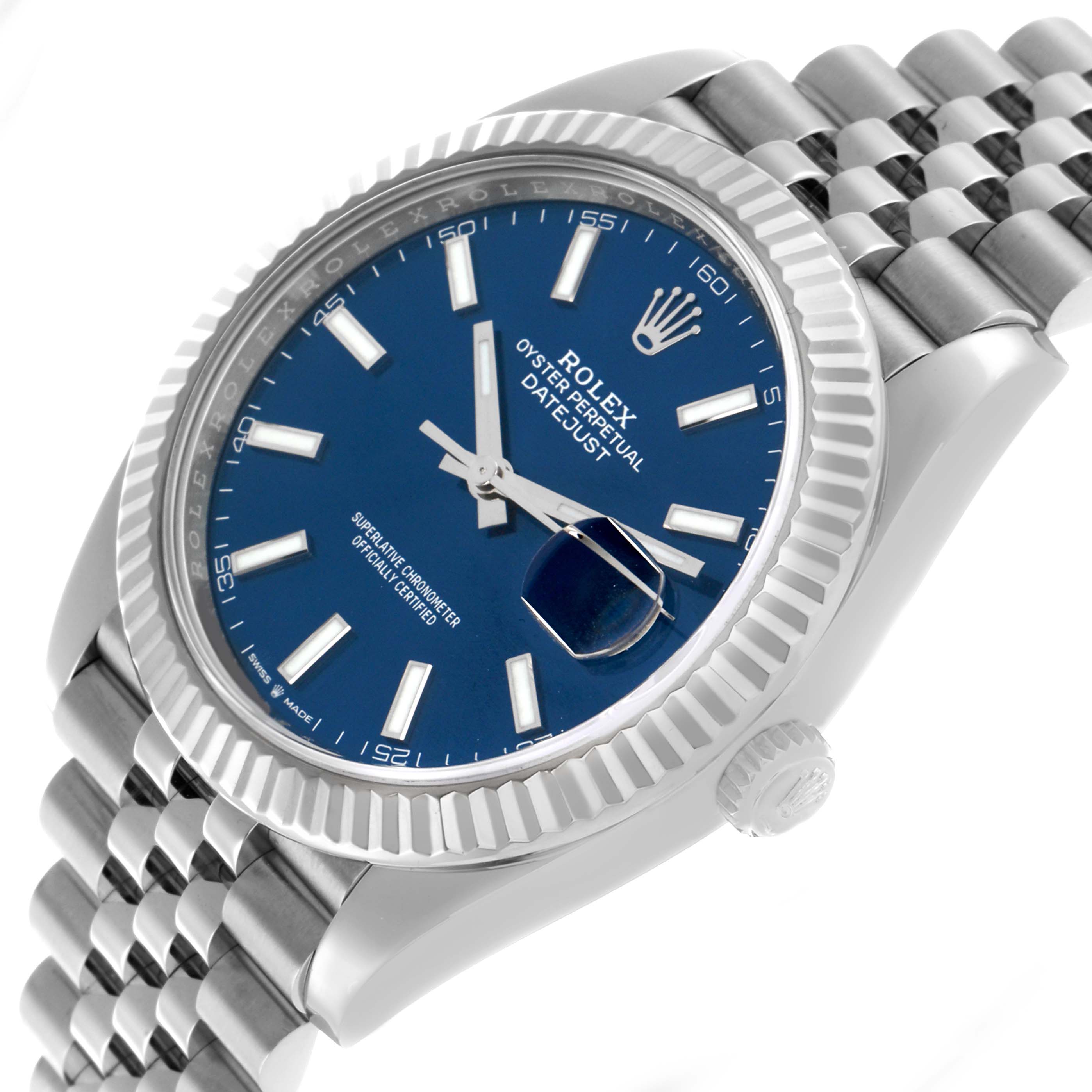 The Rolex Datejust 41 126334 Men's Stainless Steel Blue Dial is shown from a three-quarter angle, highlighting the blue dial, fluted bezel, and Jubilee bracelet.