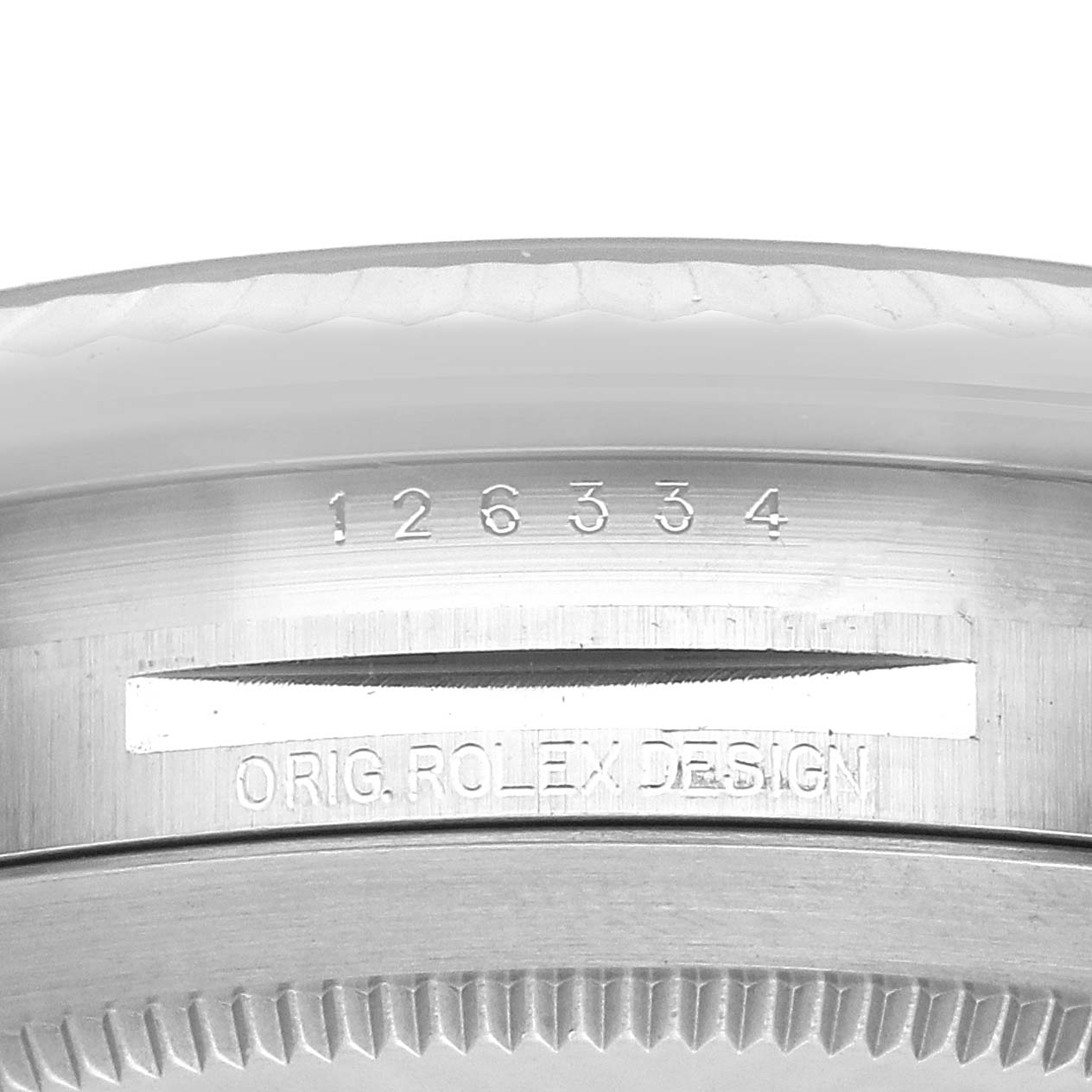 The image shows a close-up of the side of a Rolex Datejust 41 126334 Men's Stainless Steel Blue Dial, highlighting the model number and "Orig. Rolex Design" engraving.