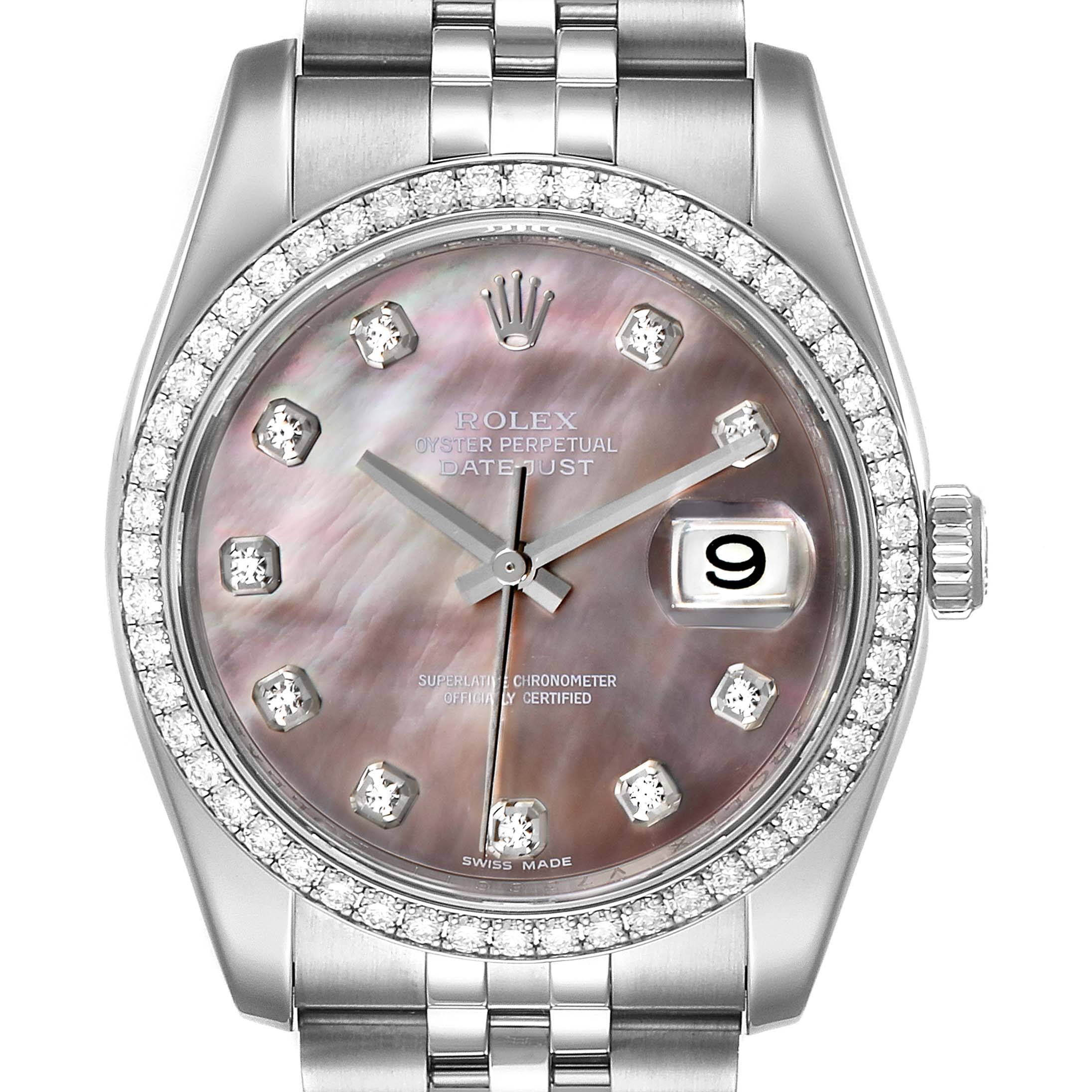 This image shows a close-up of the dial and bezel of the Rolex Datejust 116244 Men's Stainless Steel Mother of Pearl Dial 116244 Men's Stainless Steel Mother of Pearl Dial watch, highlighting its diamond-set bezel and mother-of-pearl dial.
