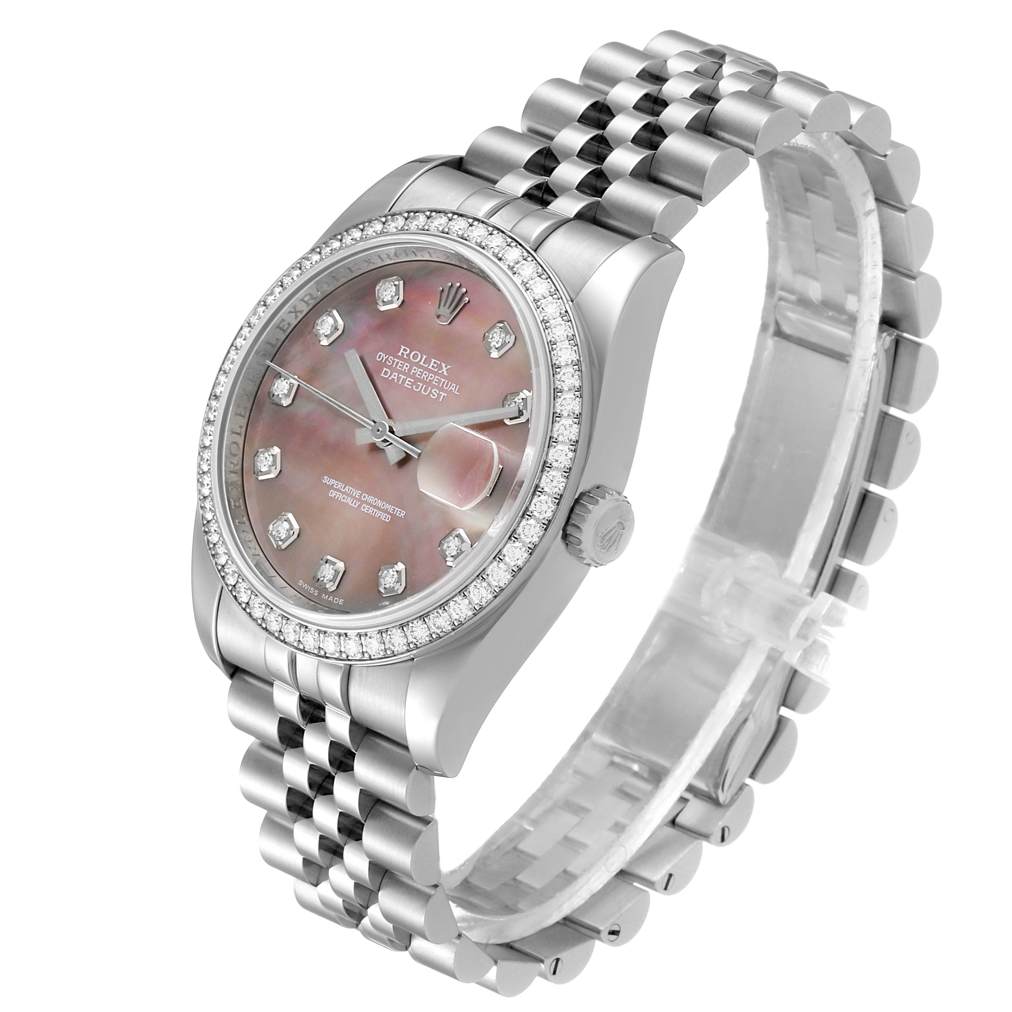 This image shows a Rolex Datejust 116244 Men's Stainless Steel Mother of Pearl Dial 116244 Men's Stainless Steel Mother of Pearl Dial watch at a three-quarter angle, displaying its dial, bezel, case, and Jubilee bracelet.