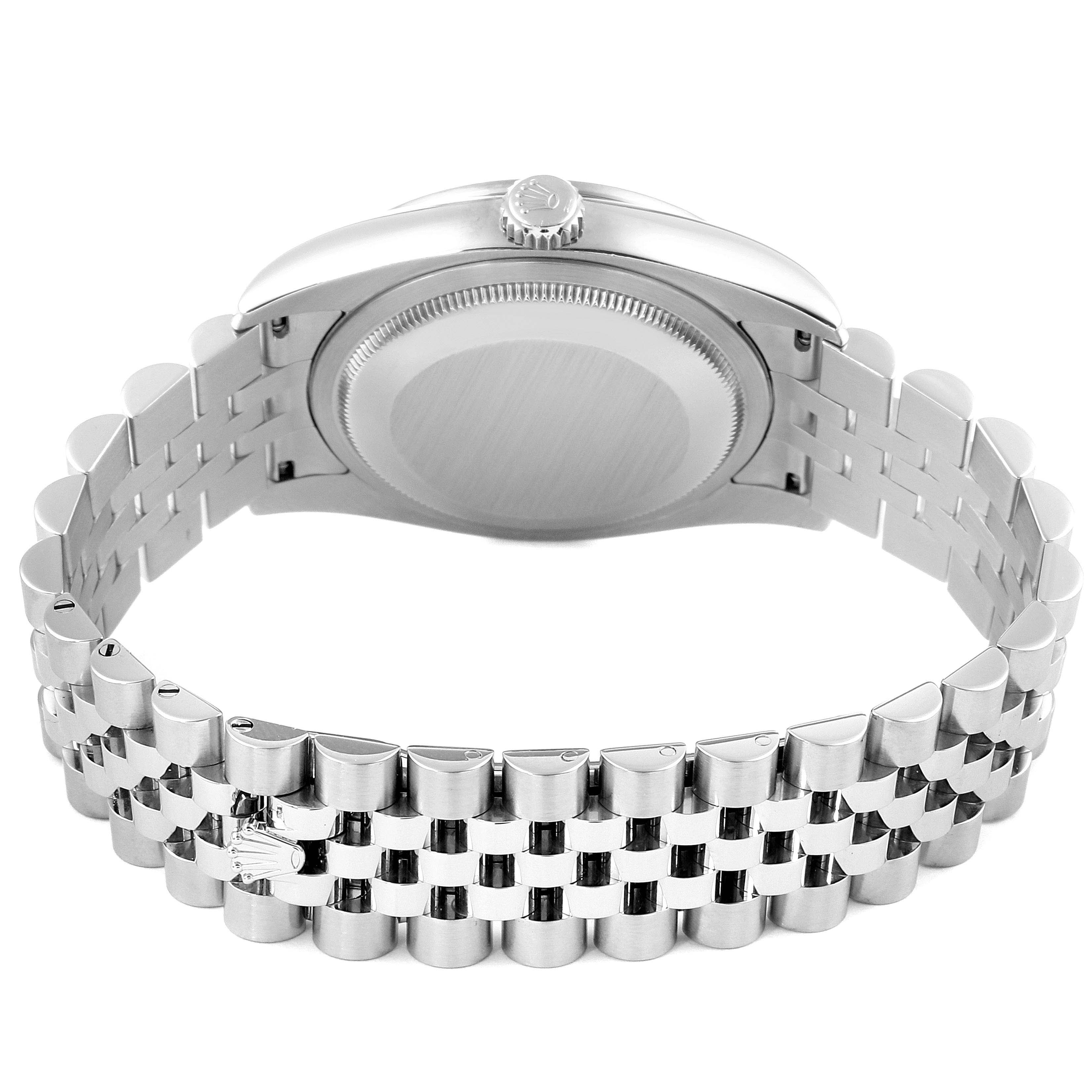 The image shows the back and bracelet of a Rolex Datejust 116244 Men's Stainless Steel Mother of Pearl Dial 116244 Men's Stainless Steel Mother of Pearl Dial watch from a rear angle.