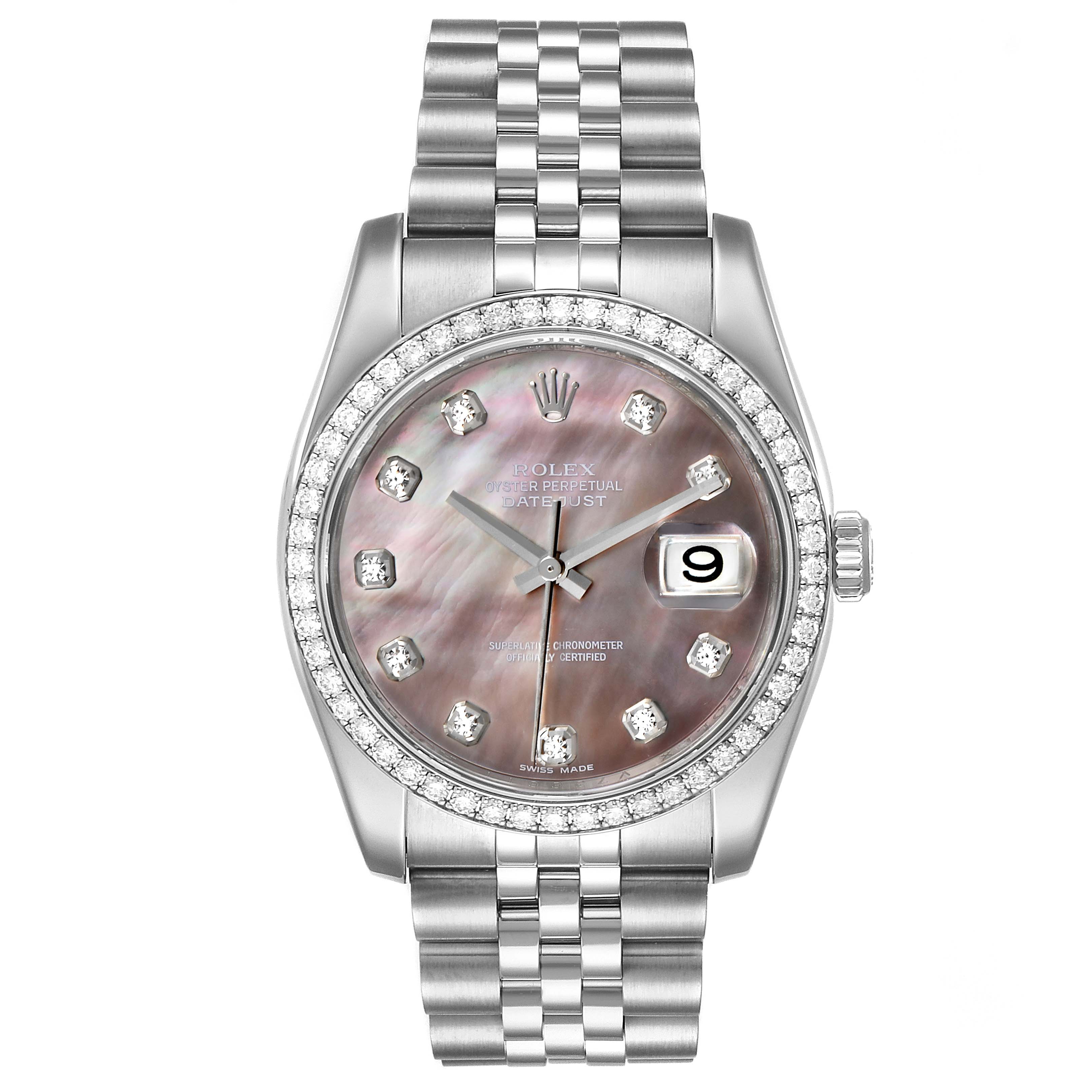 The image shows a frontal view of a Rolex Datejust 116244 Men's Stainless Steel Mother of Pearl Dial 116244 Men's Stainless Steel Mother of Pearl Dial watch with a mother-of-pearl dial and diamond hour markers.